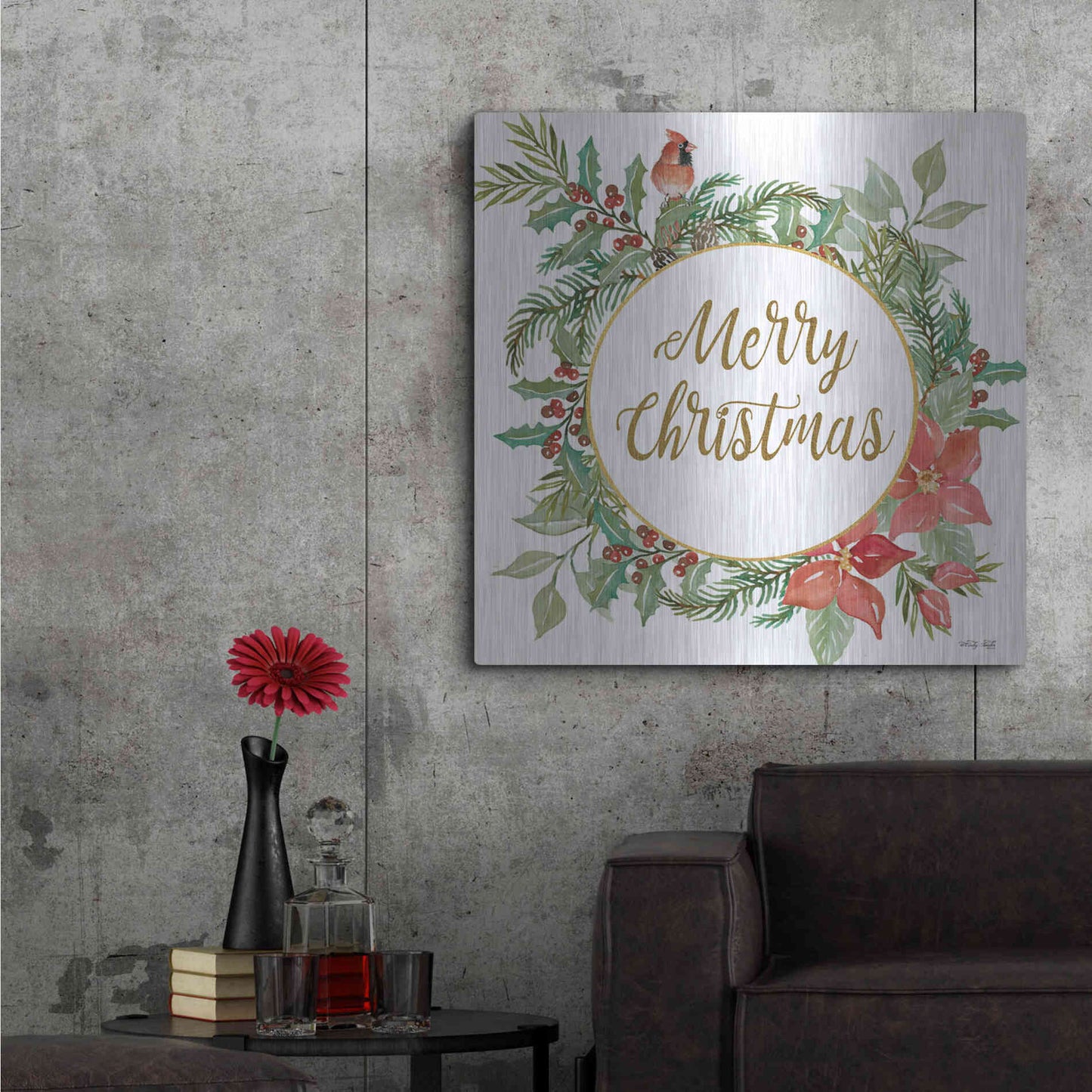 Luxe Metal Art 'Merry Christmas Cardinal Wreath' by Cindy Jacobs, Metal Wall Art,36x36