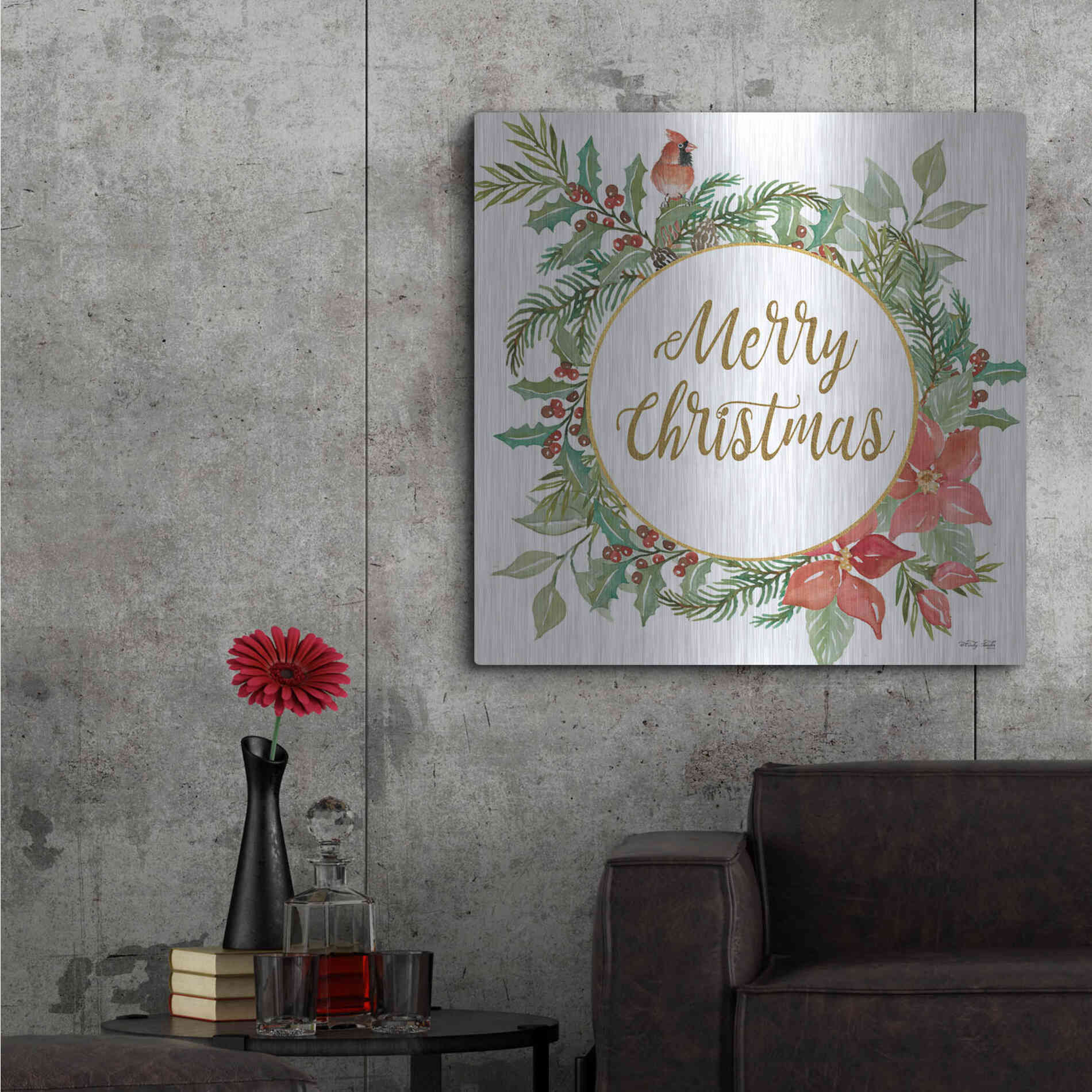 Luxe Metal Art 'Merry Christmas Cardinal Wreath' by Cindy Jacobs, Metal Wall Art,36x36