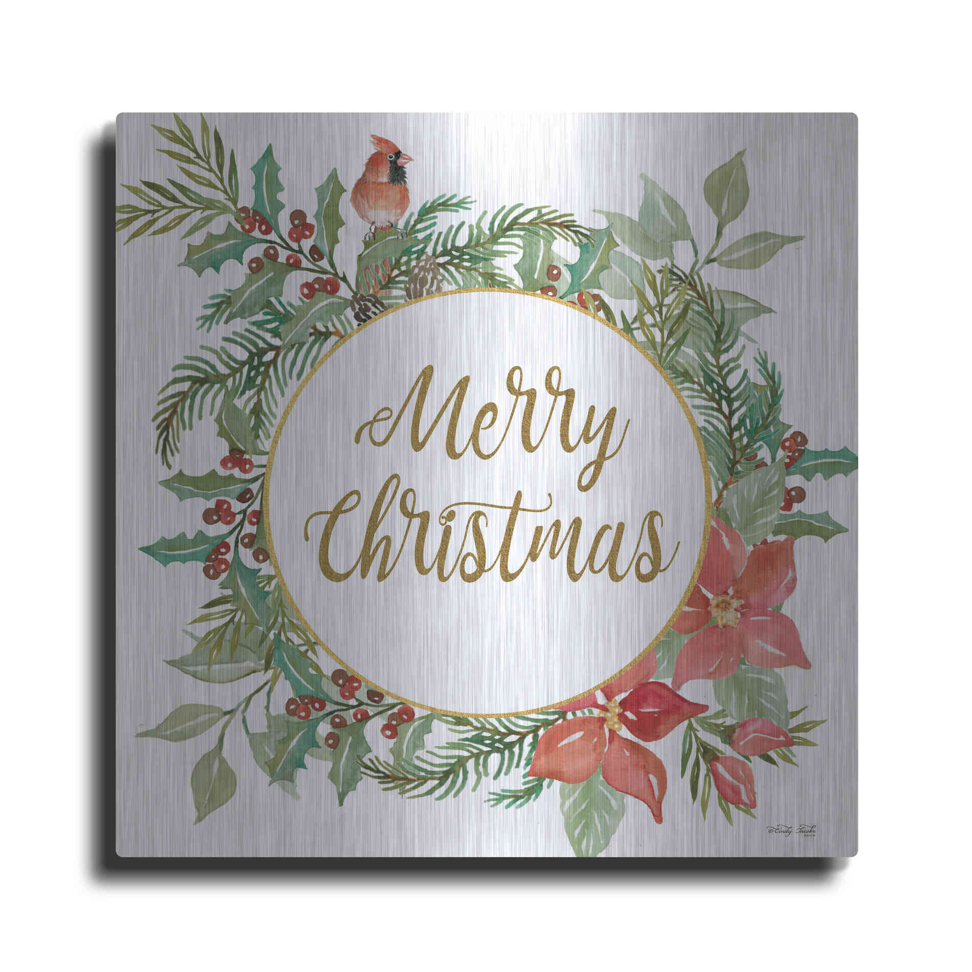 Luxe Metal Art 'Merry Christmas Cardinal Wreath' by Cindy Jacobs, Metal Wall Art