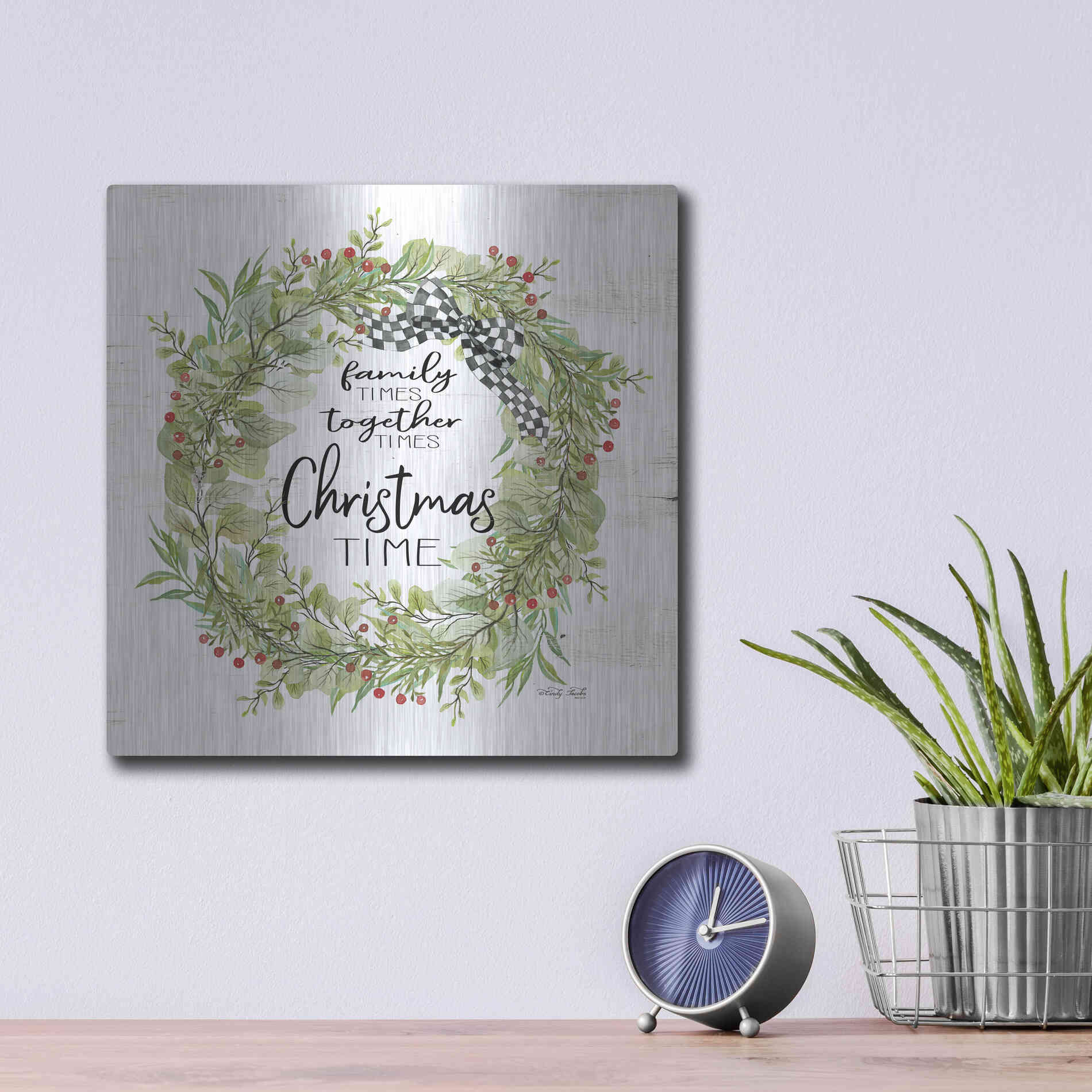 Luxe Metal Art 'Christmas Time Wreath' by Cindy Jacobs, Metal Wall Art,12x12