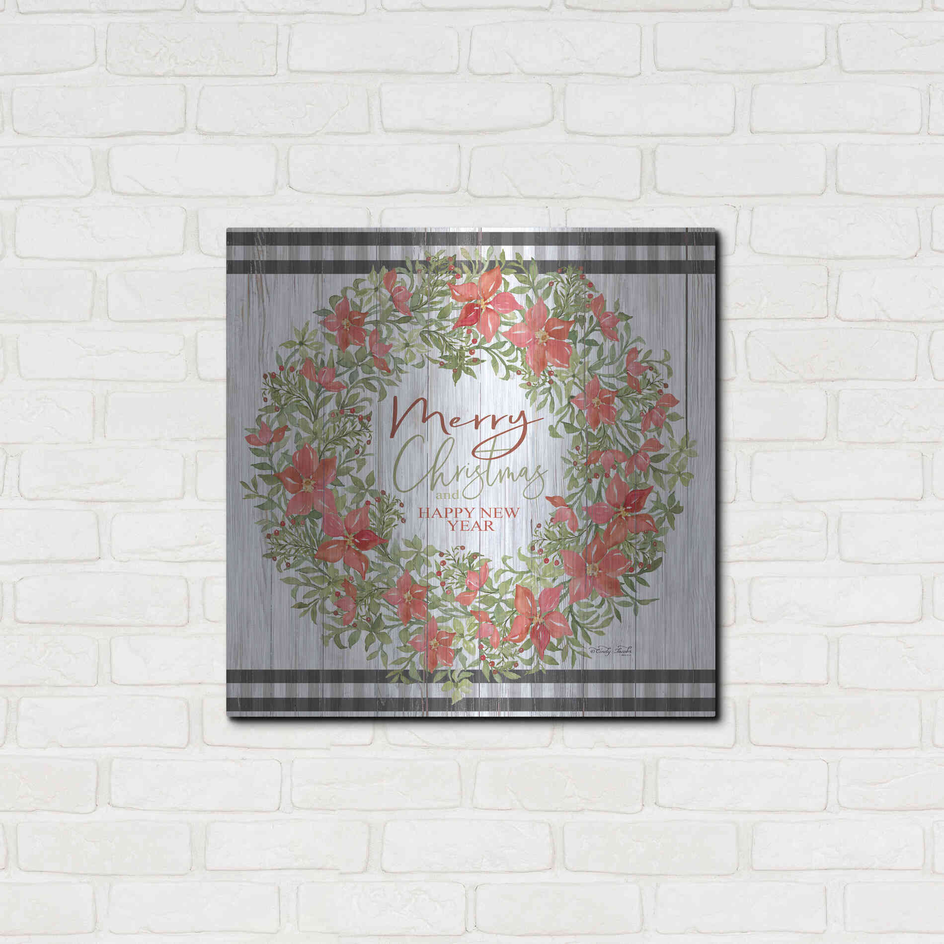 Luxe Metal Art 'Merry Christmas & Happy New Year Wreath' by Cindy Jacobs, Metal Wall Art,24x24