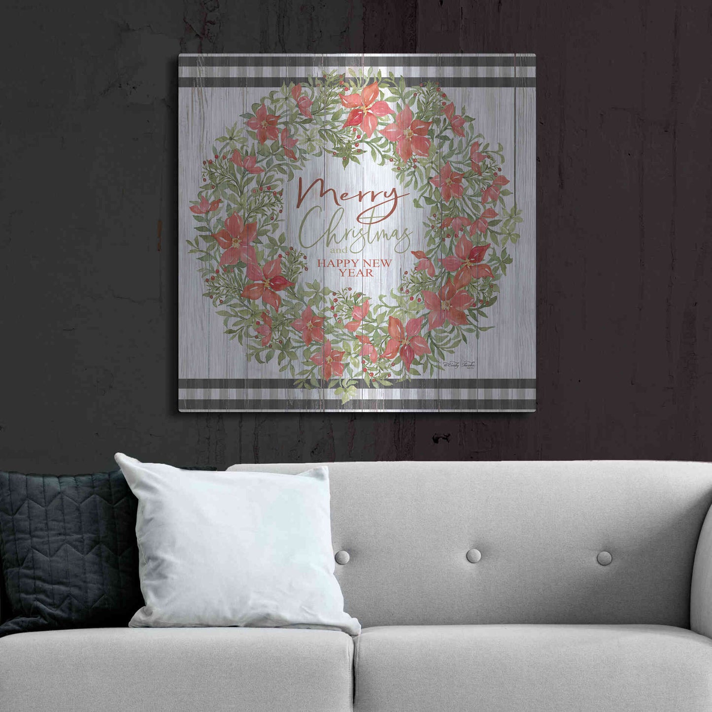 Luxe Metal Art 'Merry Christmas & Happy New Year Wreath' by Cindy Jacobs, Metal Wall Art,36x36