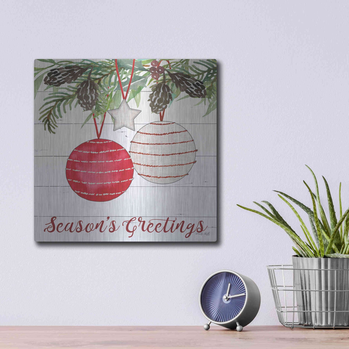 Luxe Metal Art 'Season's Greetings Ornaments' by Cindy Jacobs, Metal Wall Art,12x12