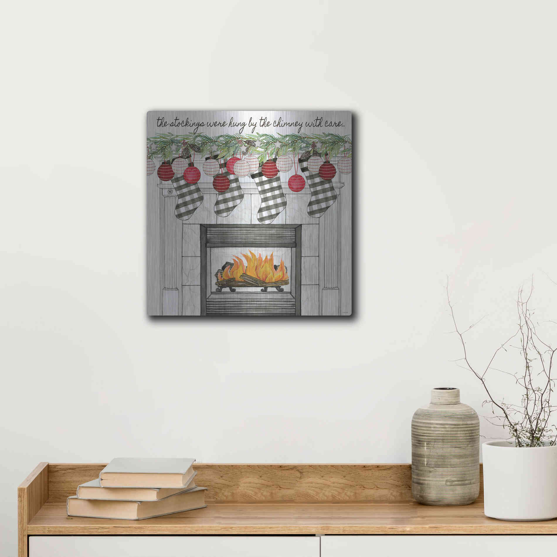 Luxe Metal Art 'The Stockings Were Hung' by Cindy Jacobs, Metal Wall Art,12x12