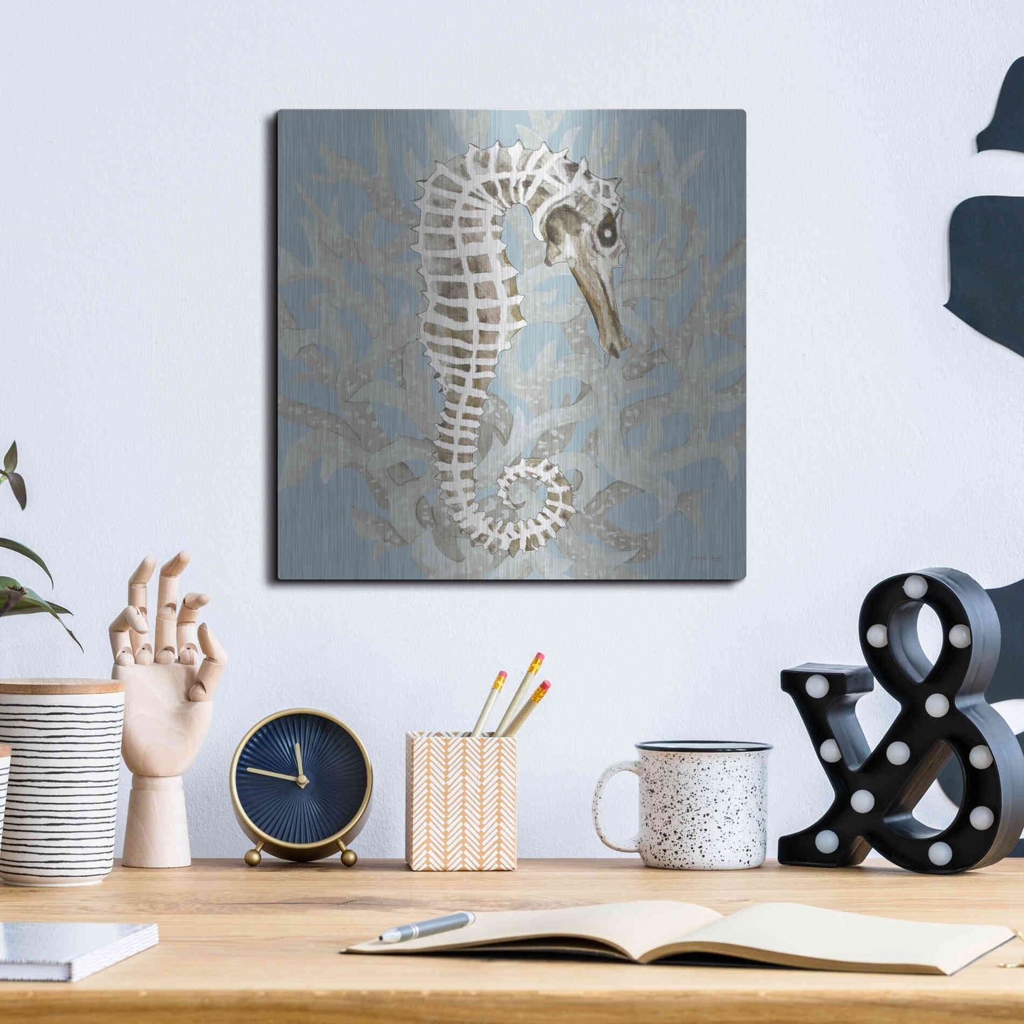 Luxe Metal Art 'Coral Seahorse I' by Cindy Jacobs, Metal Wall Art,12x12