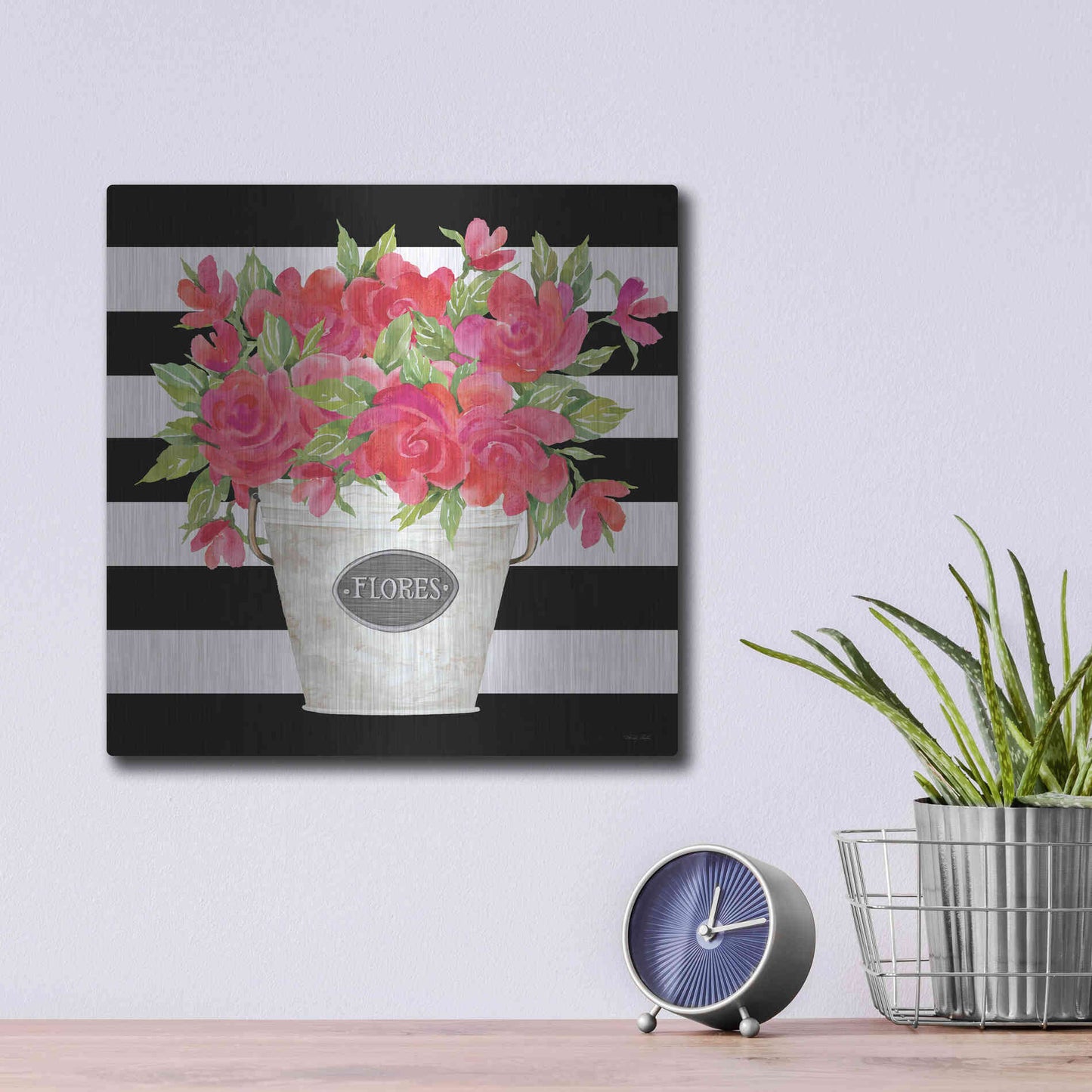 Luxe Metal Art 'Fuchsia Flores Stripes' by Cindy Jacobs, Metal Wall Art,12x12