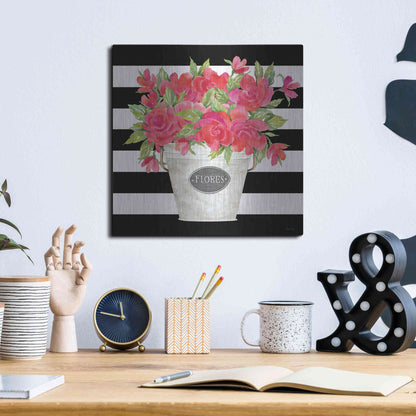 Luxe Metal Art 'Fuchsia Flores Stripes' by Cindy Jacobs, Metal Wall Art,12x12