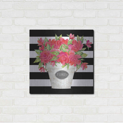 Luxe Metal Art 'Fuchsia Flores Stripes' by Cindy Jacobs, Metal Wall Art,24x24