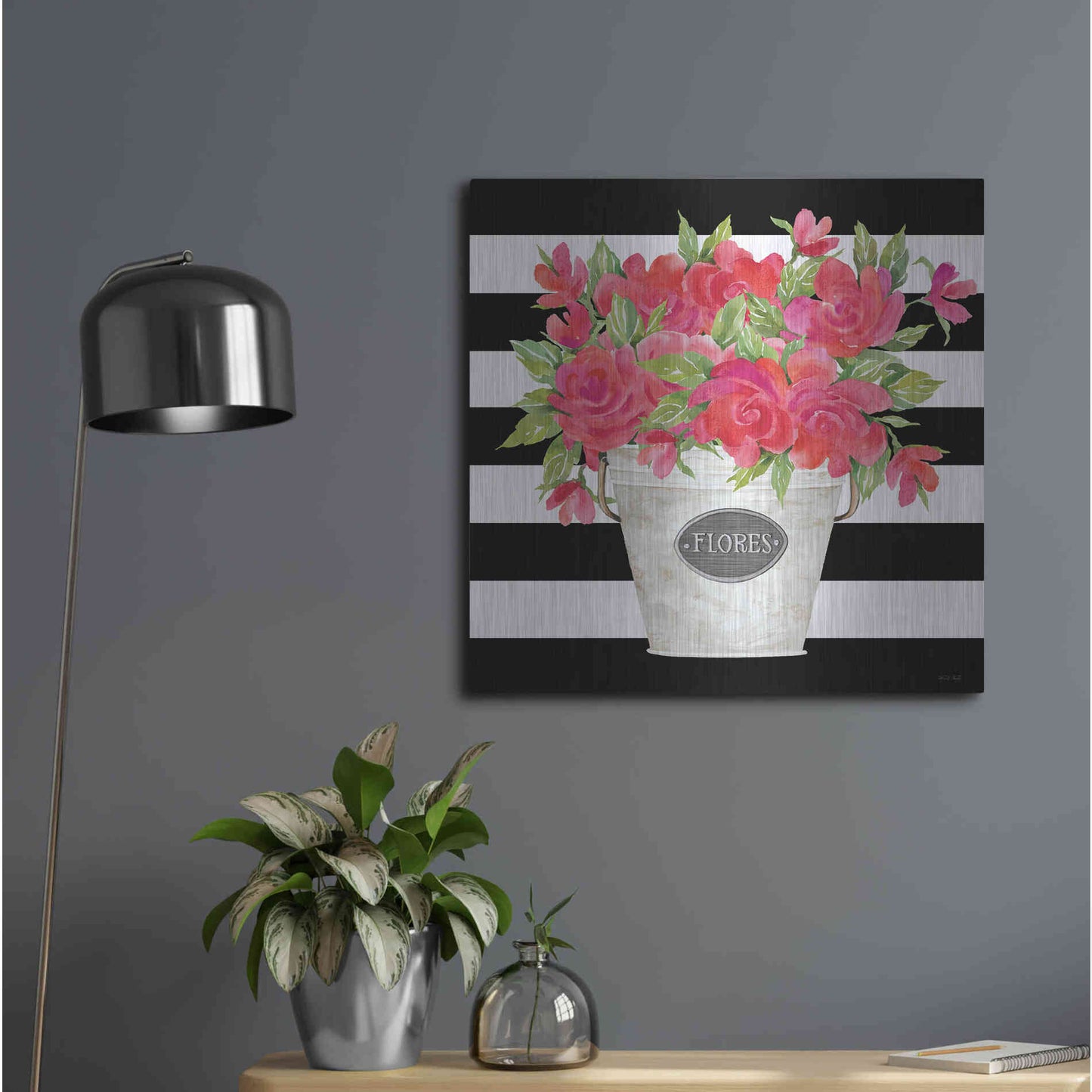 Luxe Metal Art 'Fuchsia Flores Stripes' by Cindy Jacobs, Metal Wall Art,24x24