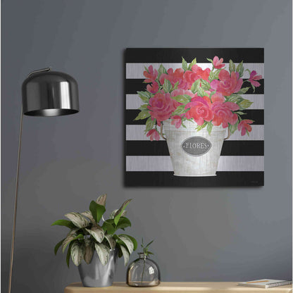 Luxe Metal Art 'Fuchsia Flores Stripes' by Cindy Jacobs, Metal Wall Art,24x24