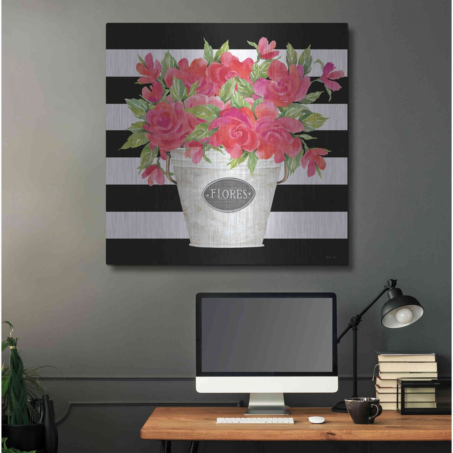 Luxe Metal Art 'Fuchsia Flores Stripes' by Cindy Jacobs, Metal Wall Art,36x36