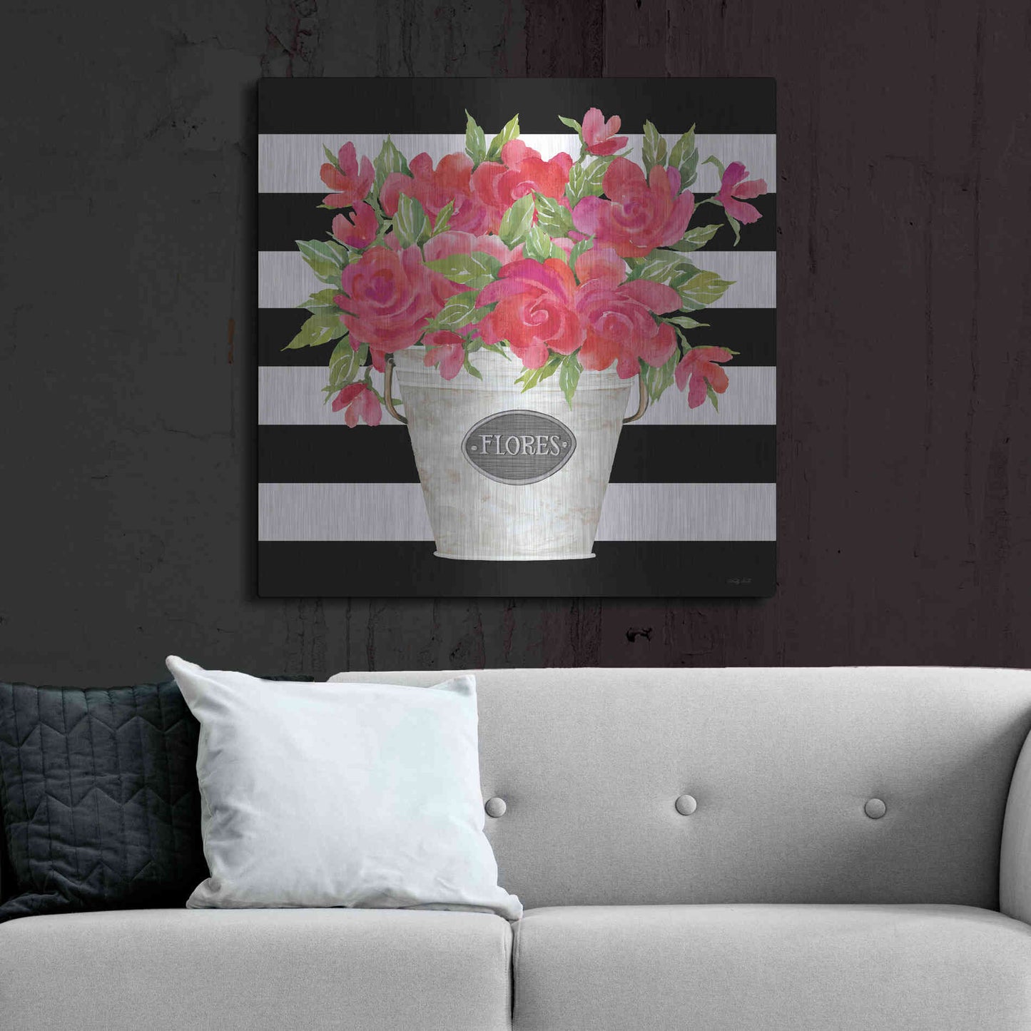 Luxe Metal Art 'Fuchsia Flores Stripes' by Cindy Jacobs, Metal Wall Art,36x36