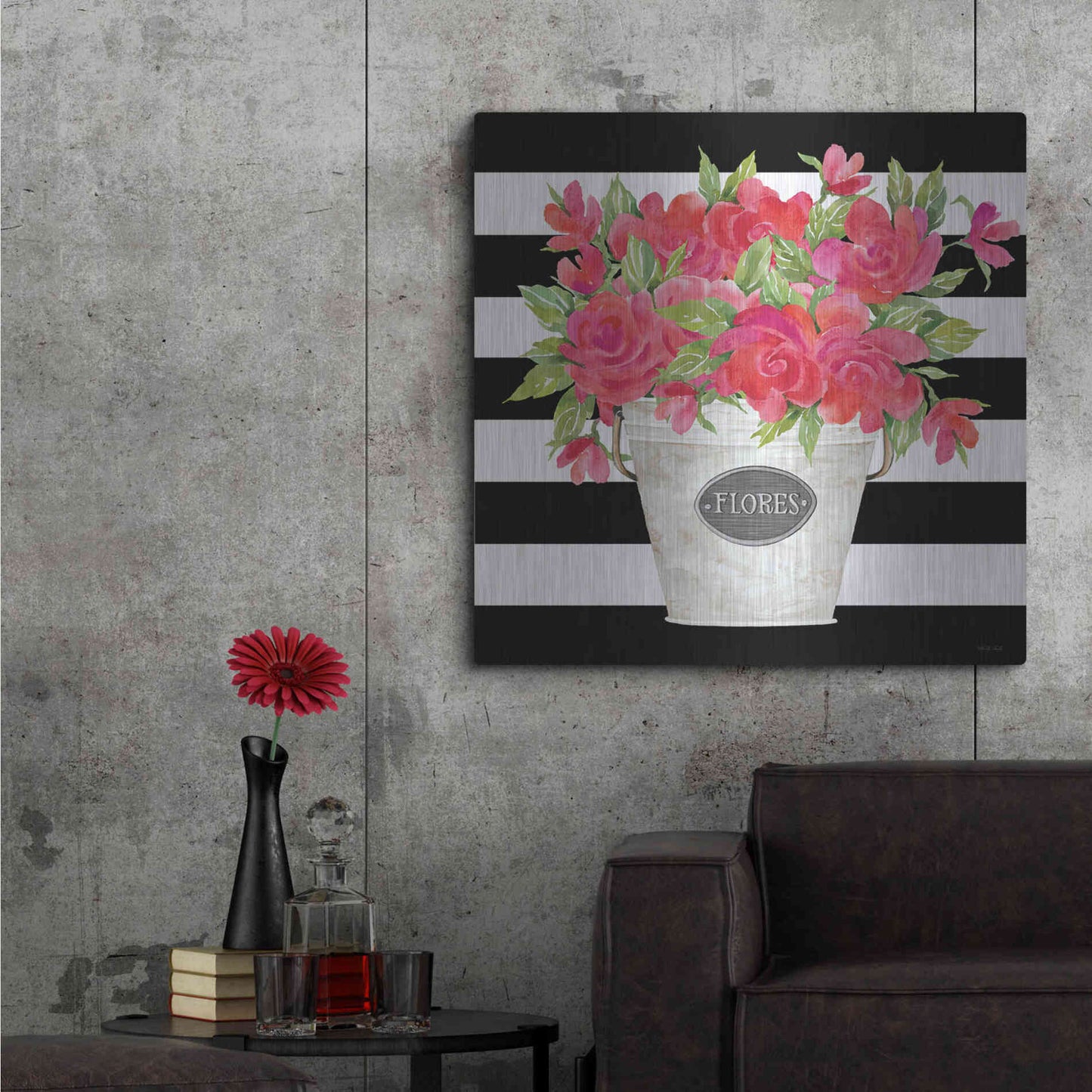 Luxe Metal Art 'Fuchsia Flores Stripes' by Cindy Jacobs, Metal Wall Art,36x36