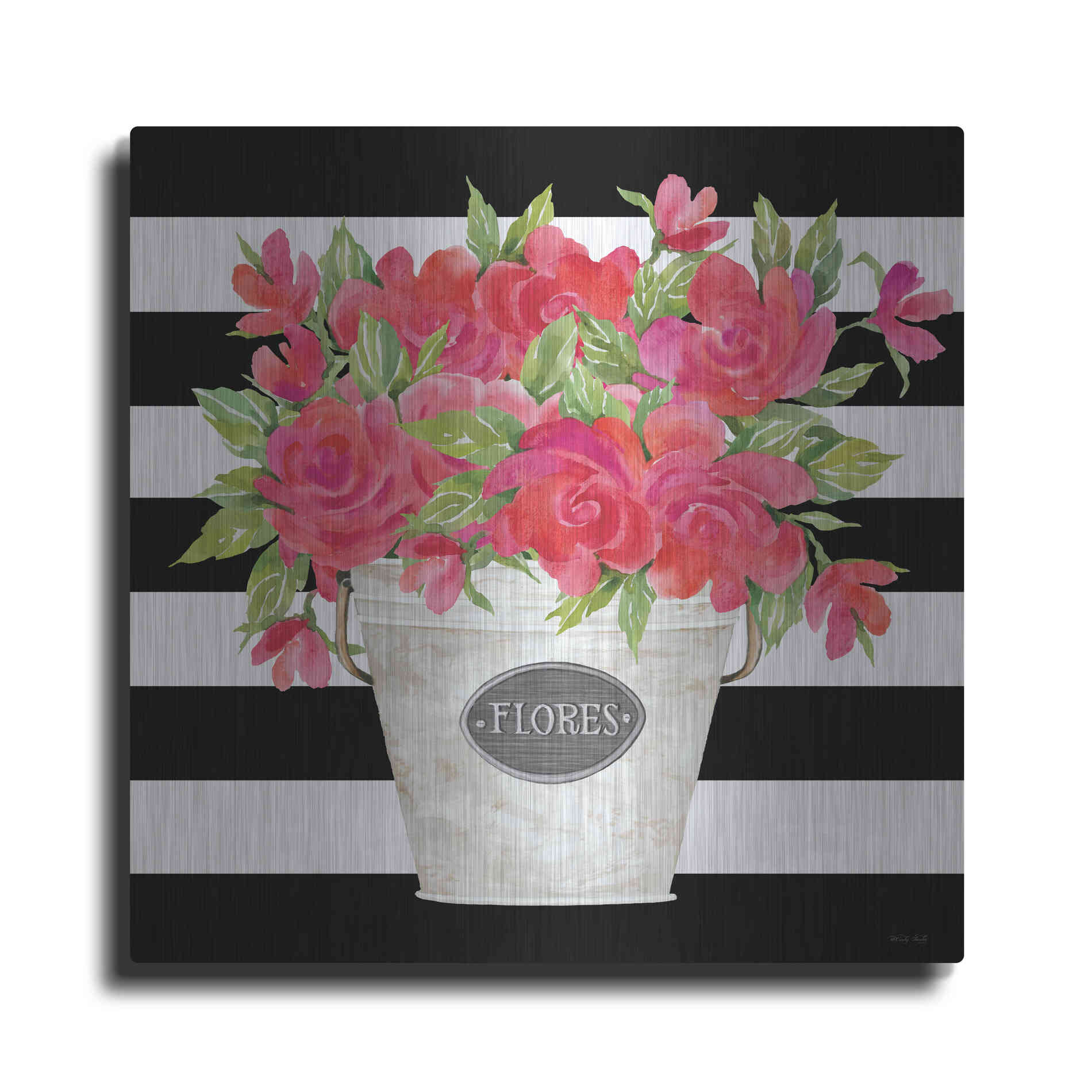 Luxe Metal Art 'Fuchsia Flores Stripes' by Cindy Jacobs, Metal Wall Art