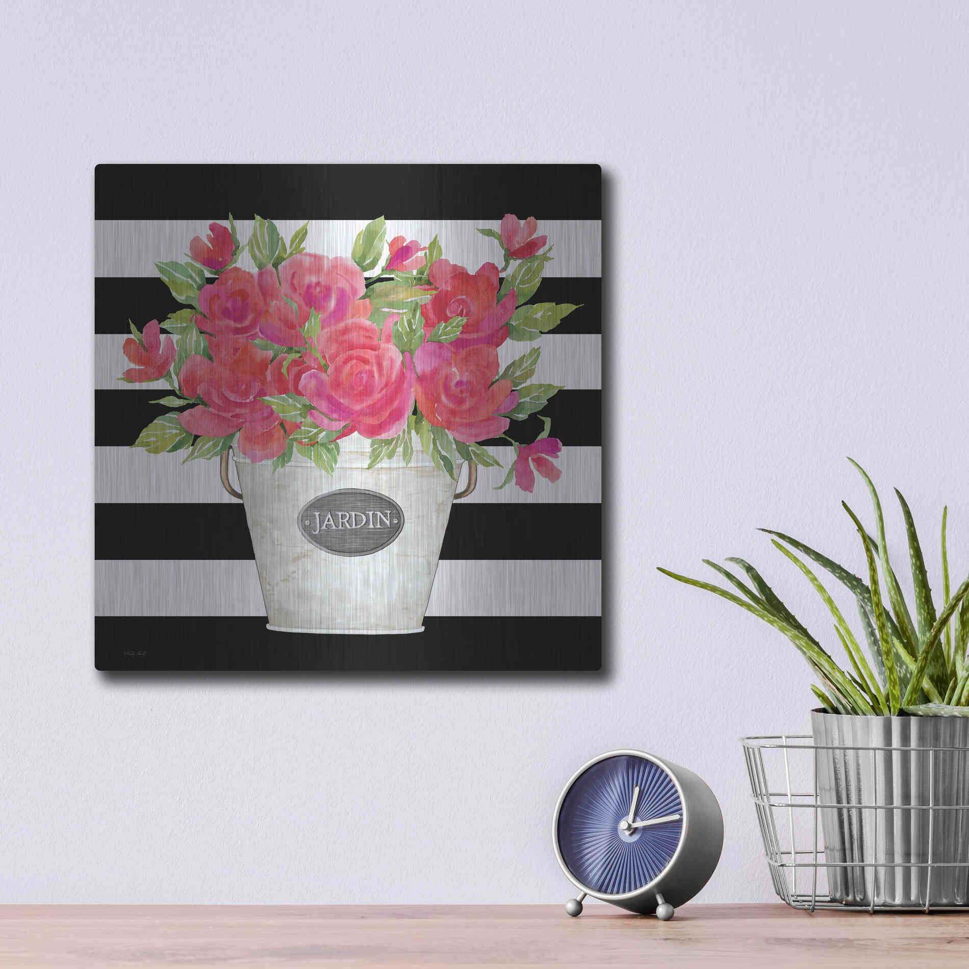 Luxe Metal Art 'Fuchsia Jardin Stripes' by Cindy Jacobs, Metal Wall Art,12x12