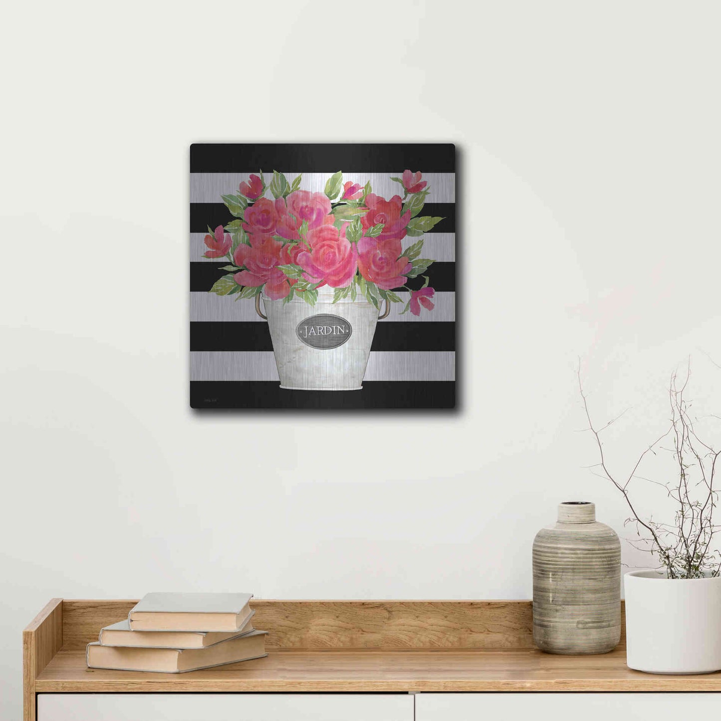 Luxe Metal Art 'Fuchsia Jardin Stripes' by Cindy Jacobs, Metal Wall Art,12x12