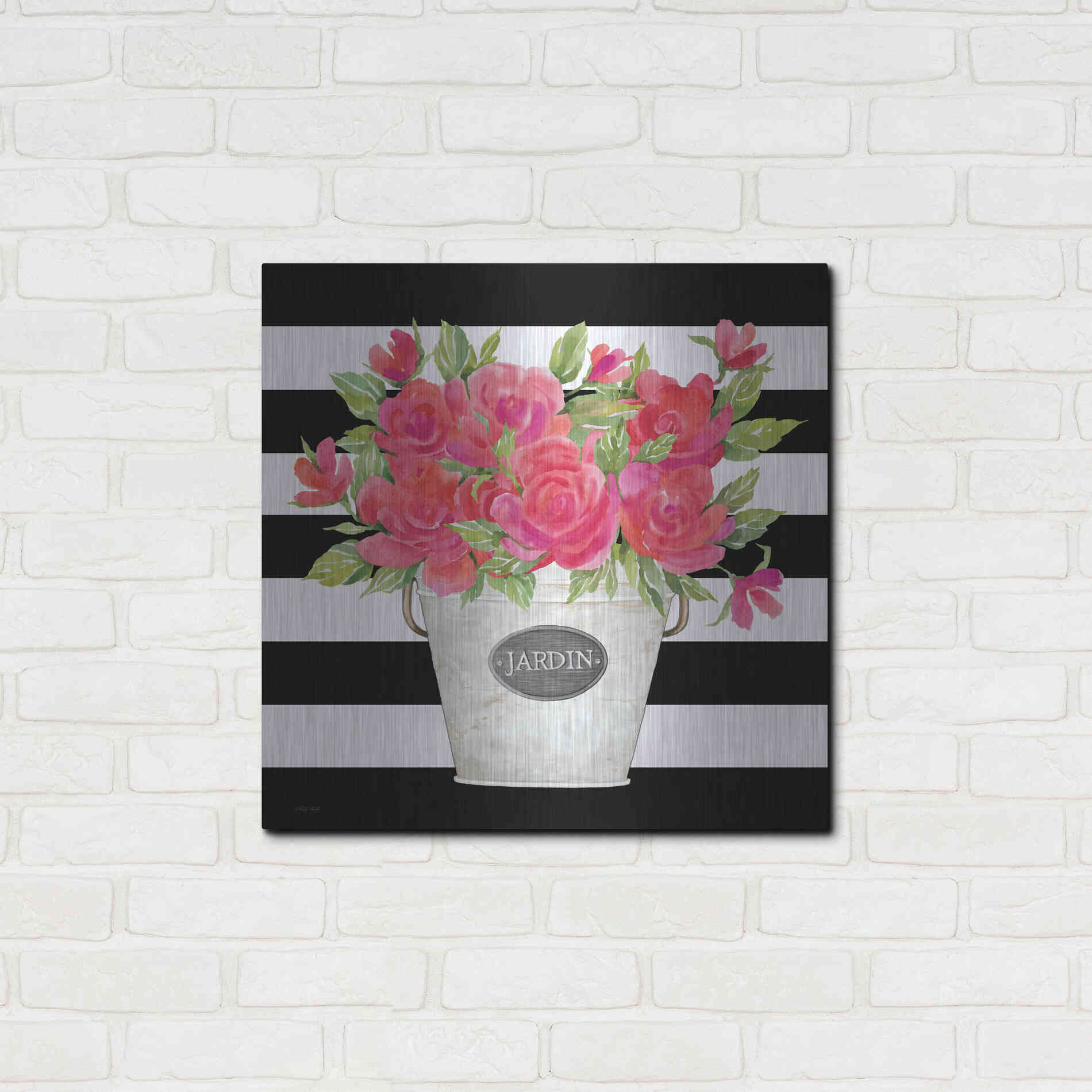 Luxe Metal Art 'Fuchsia Jardin Stripes' by Cindy Jacobs, Metal Wall Art,24x24