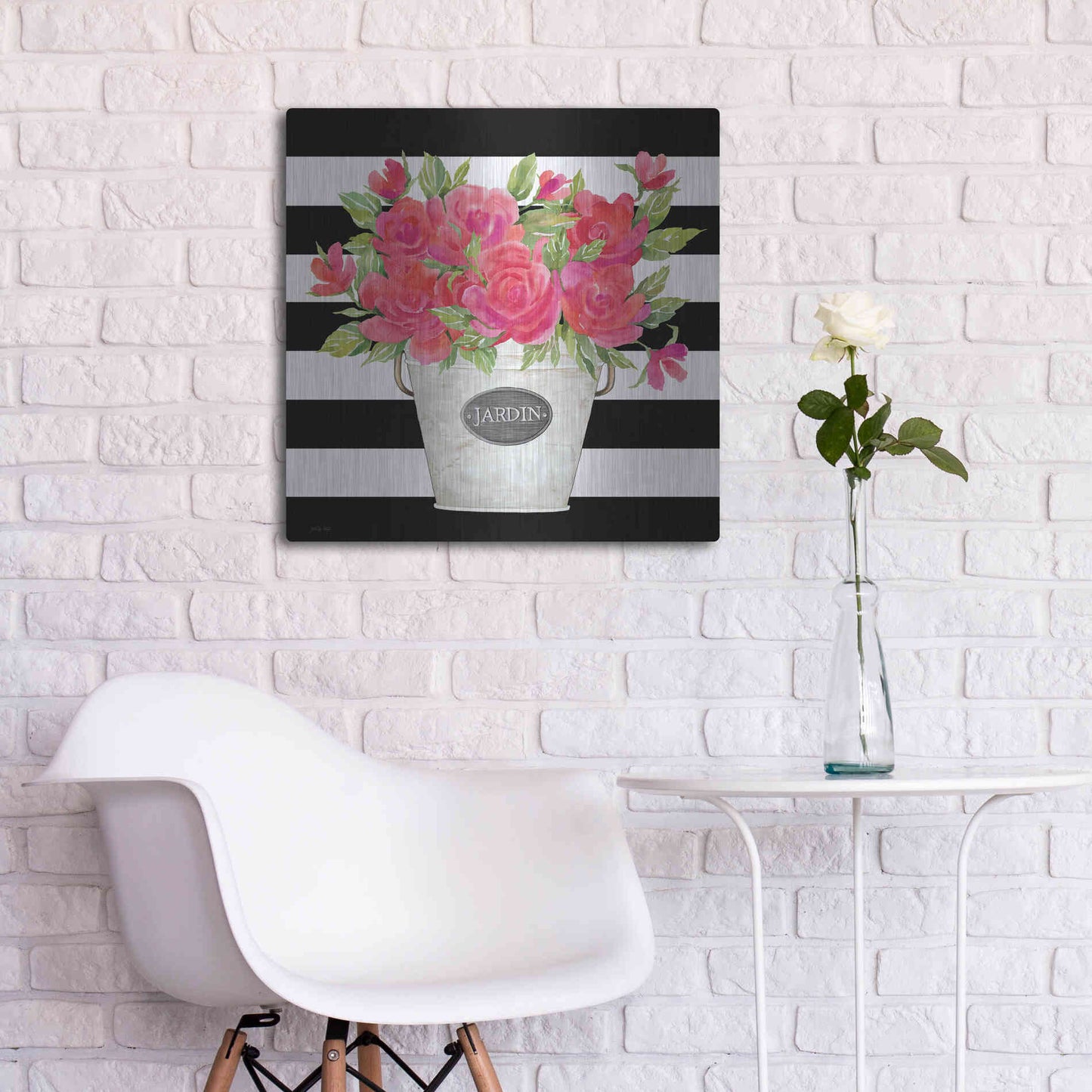 Luxe Metal Art 'Fuchsia Jardin Stripes' by Cindy Jacobs, Metal Wall Art,24x24