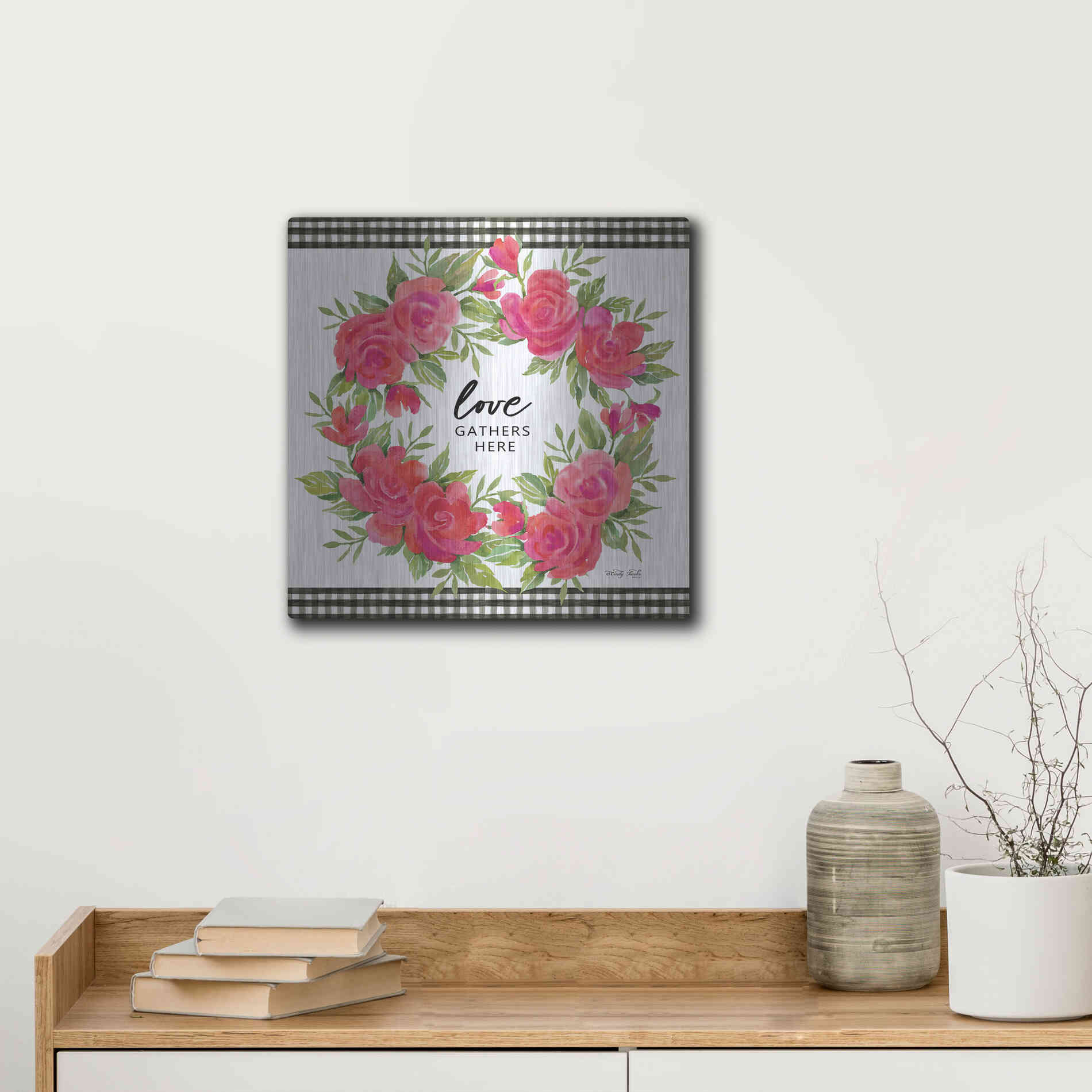 Luxe Metal Art 'Love Gathers Here Flower Crown' by Cindy Jacobs, Metal Wall Art,12x12