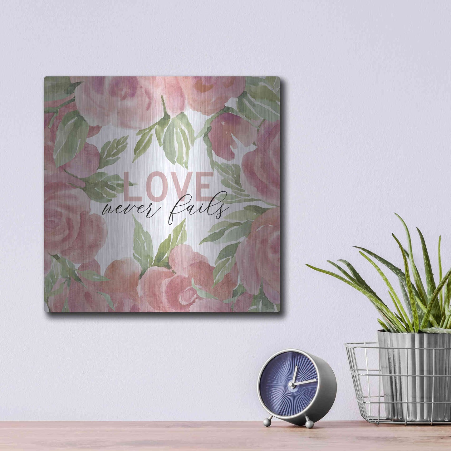 Luxe Metal Art 'Love Never Fails Roses' by Cindy Jacobs, Metal Wall Art,12x12