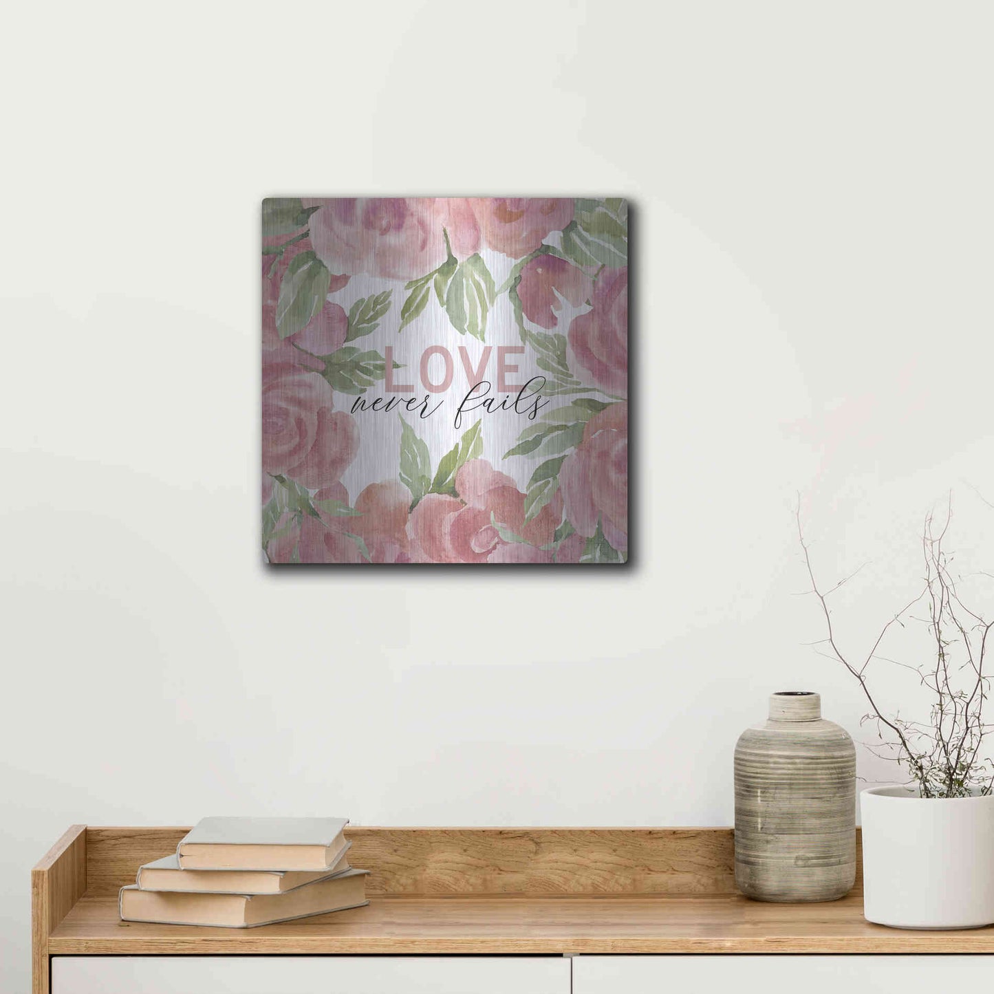 Luxe Metal Art 'Love Never Fails Roses' by Cindy Jacobs, Metal Wall Art,12x12