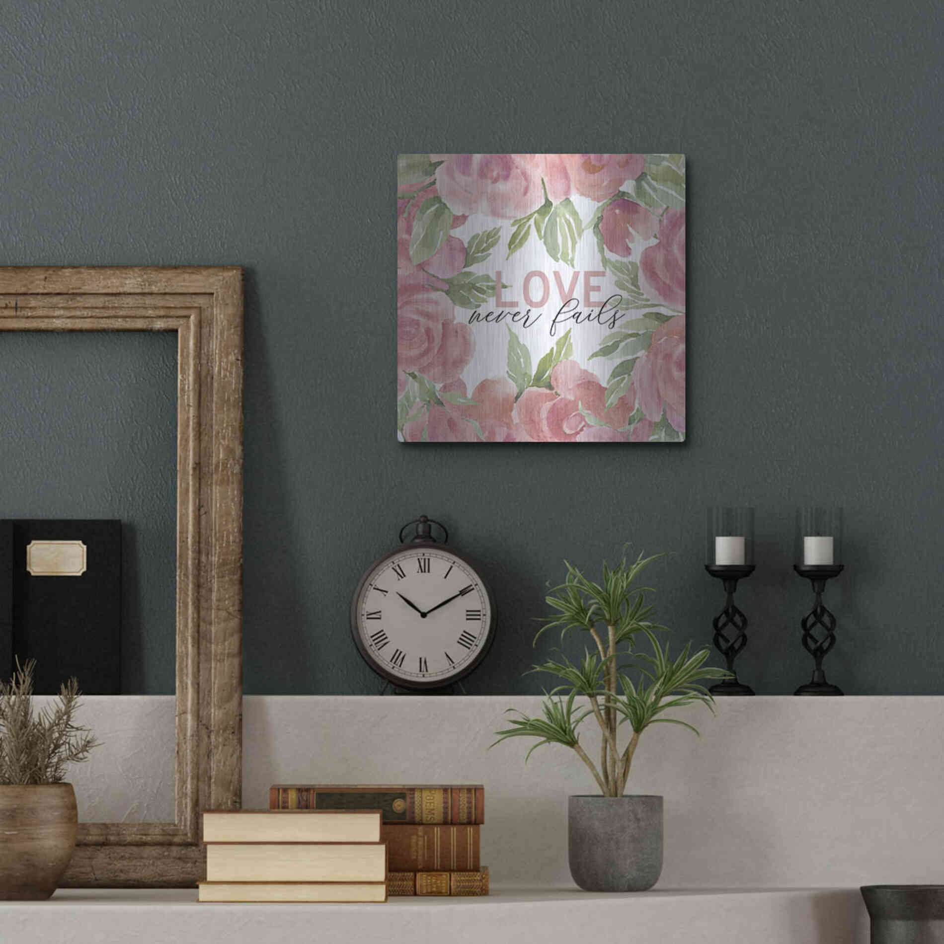 Luxe Metal Art 'Love Never Fails Roses' by Cindy Jacobs, Metal Wall Art,12x12