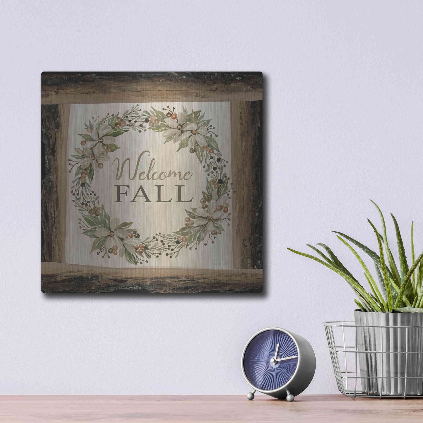 Luxe Metal Art 'Welcome Fall Wreath' by Cindy Jacobs, Metal Wall Art,12x12