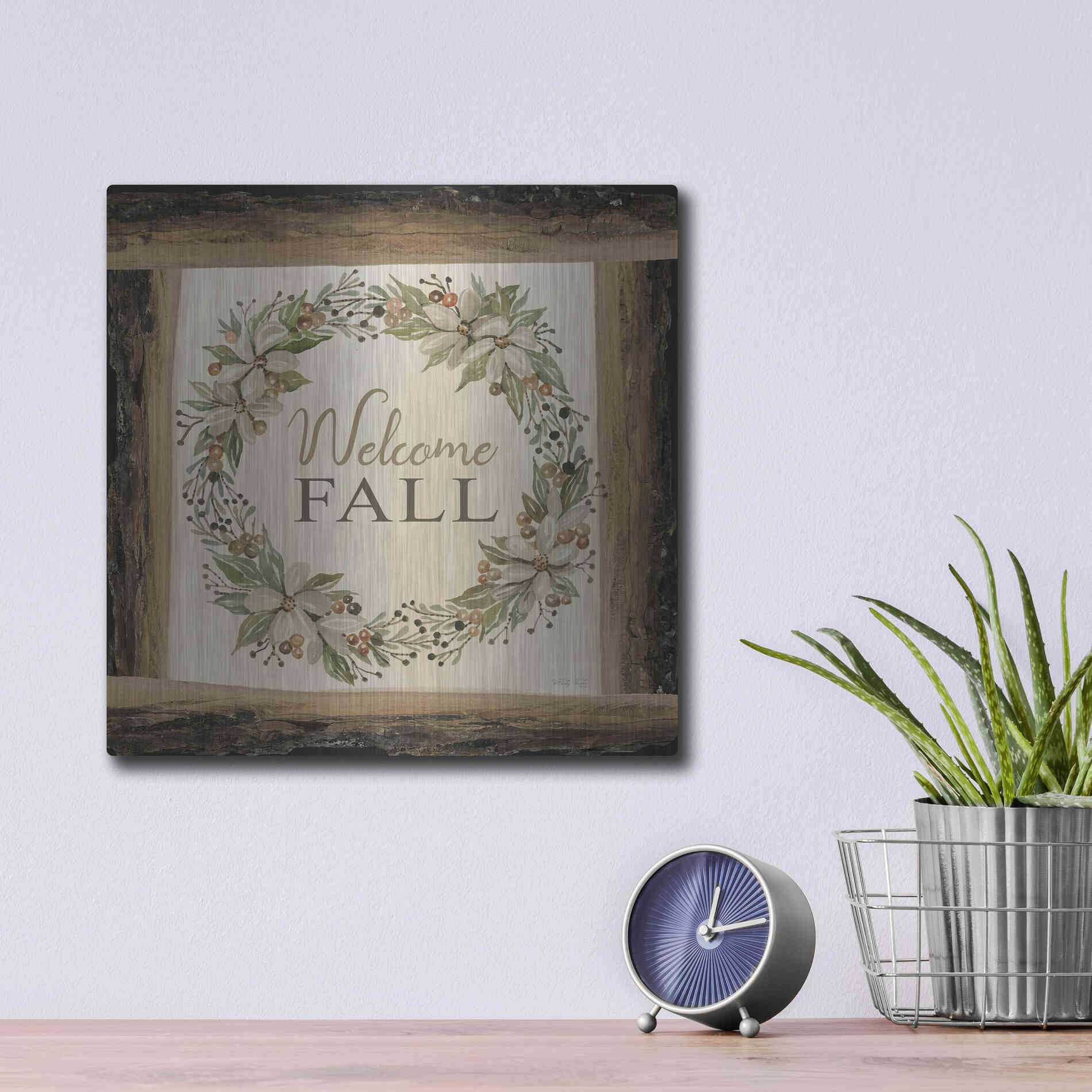 Luxe Metal Art 'Welcome Fall Wreath' by Cindy Jacobs, Metal Wall Art,12x12