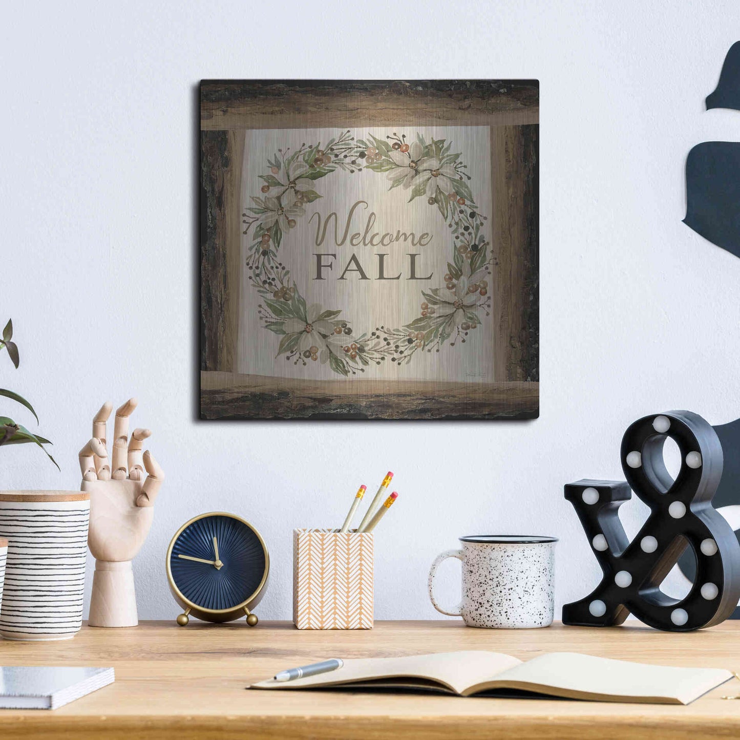 Luxe Metal Art 'Welcome Fall Wreath' by Cindy Jacobs, Metal Wall Art,12x12