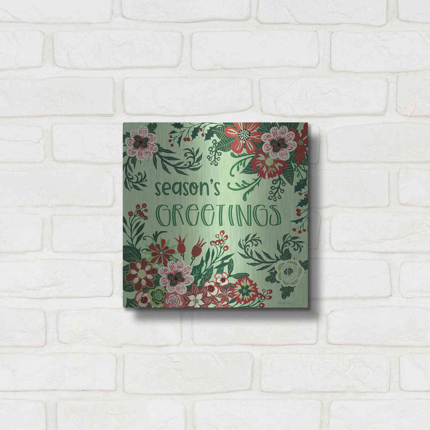 Luxe Metal Art 'Season's Greetings Florals' by Cindy Jacobs, Metal Wall Art,12x12