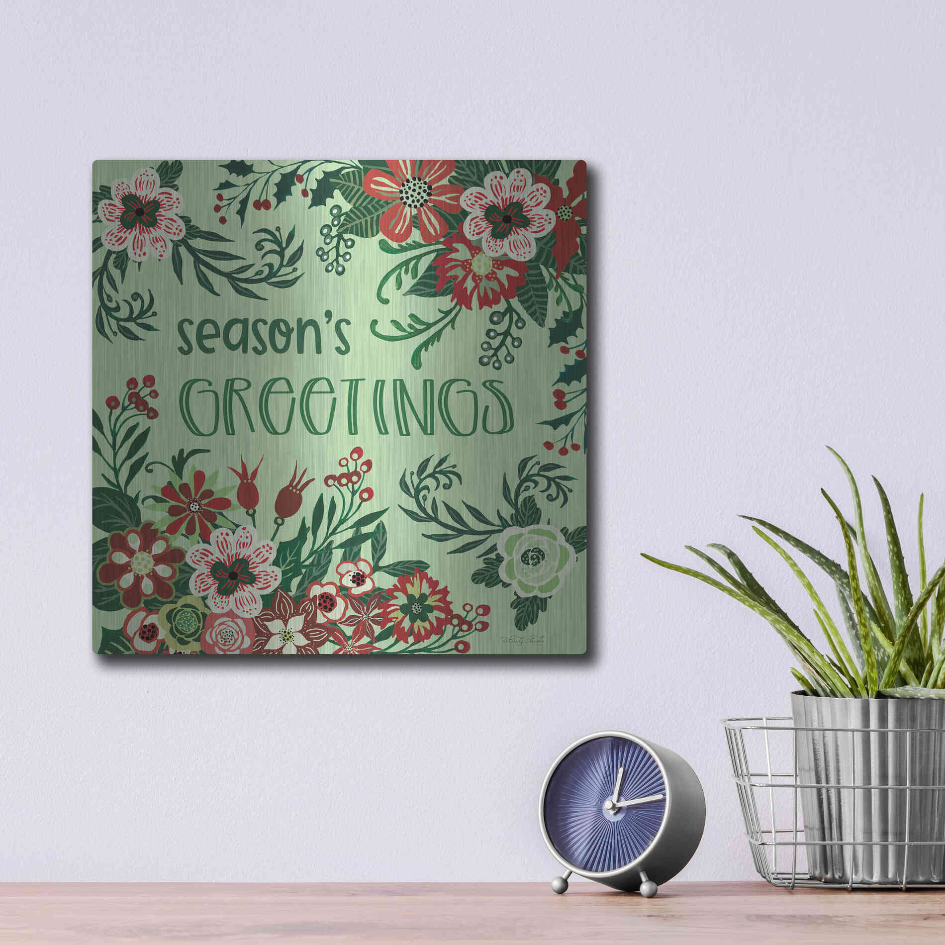 Luxe Metal Art 'Season's Greetings Florals' by Cindy Jacobs, Metal Wall Art,12x12