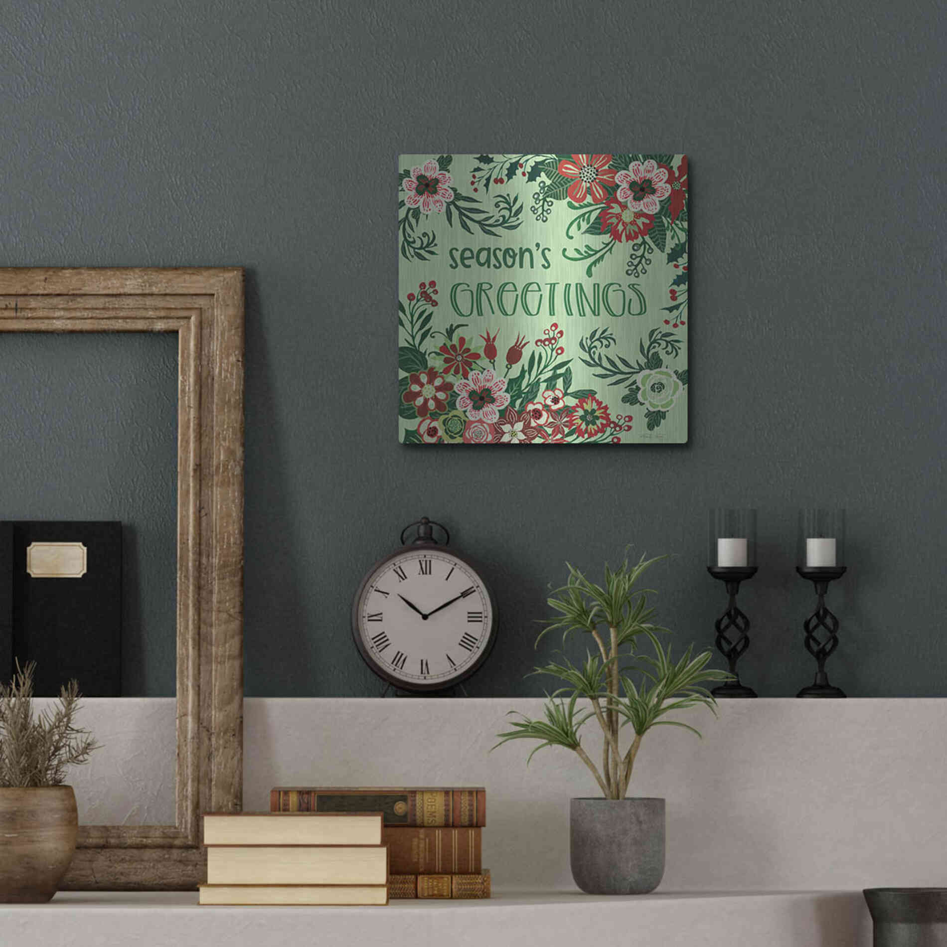 Luxe Metal Art 'Season's Greetings Florals' by Cindy Jacobs, Metal Wall Art,12x12