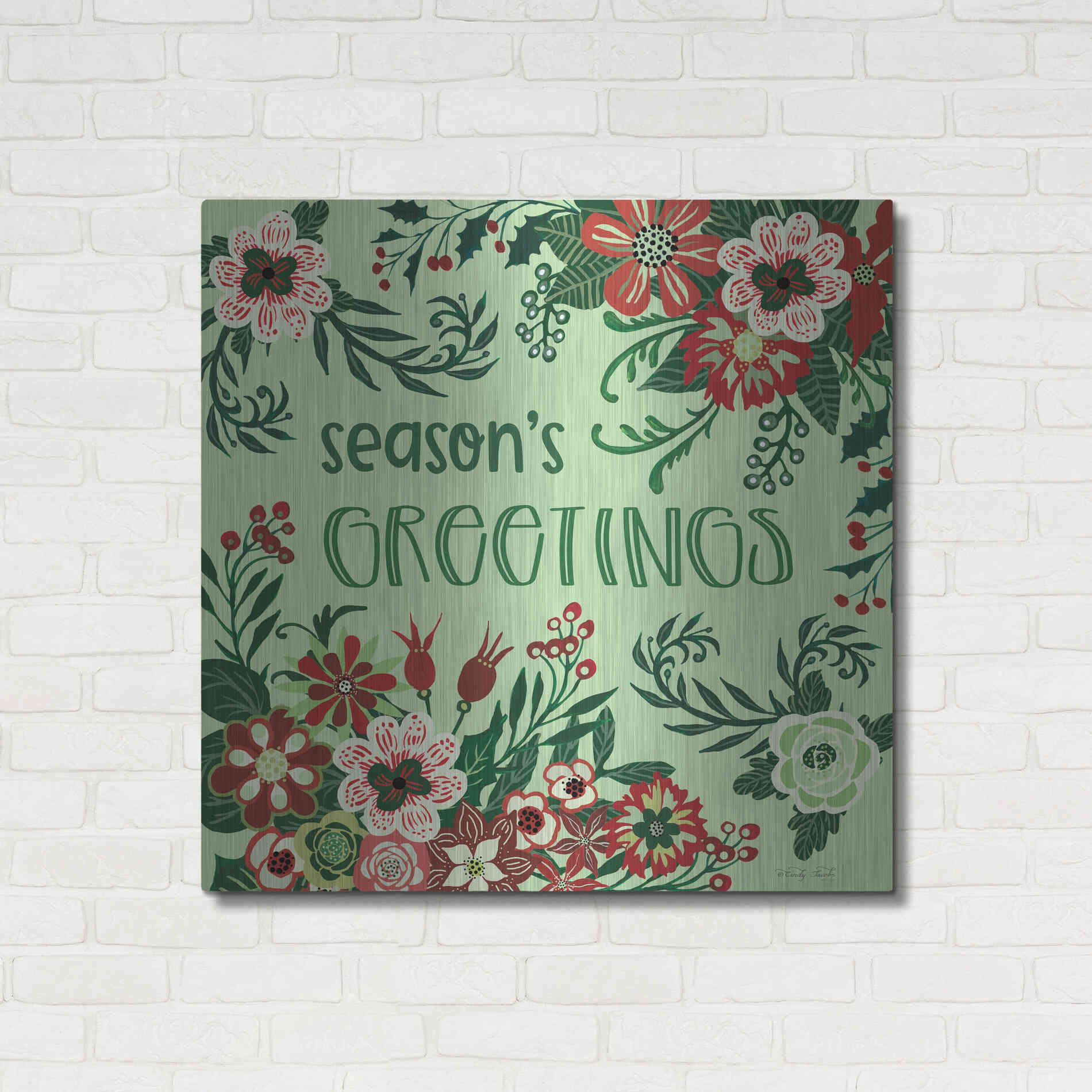 Luxe Metal Art 'Season's Greetings Florals' by Cindy Jacobs, Metal Wall Art,36x36
