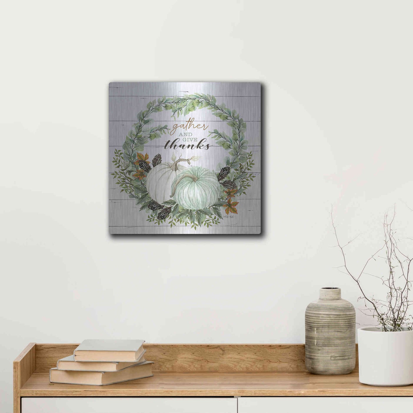 Luxe Metal Art 'Gather and Give Thanks Wreath' by Cindy Jacobs, Metal Wall Art,12x12