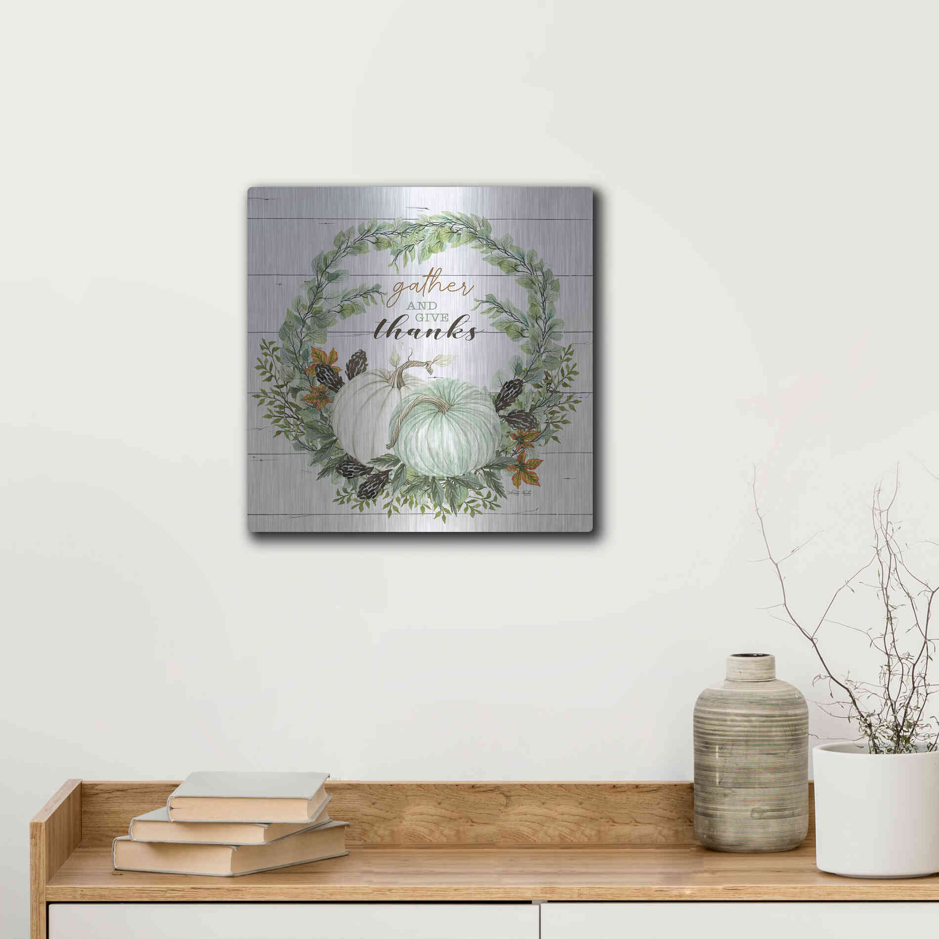 Luxe Metal Art 'Gather and Give Thanks Wreath' by Cindy Jacobs, Metal Wall Art,12x12