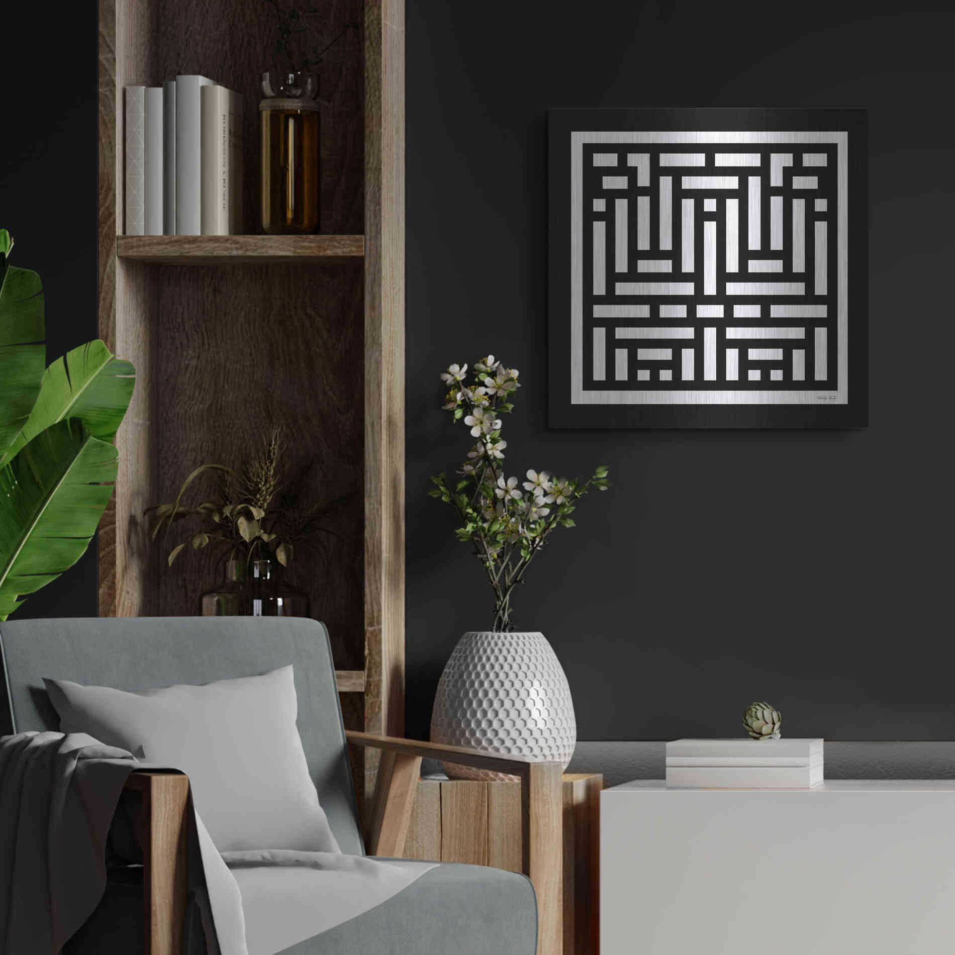 Luxe Metal Art 'Black & White Geo II' by Cindy Jacobs, Metal Wall Art,24x24