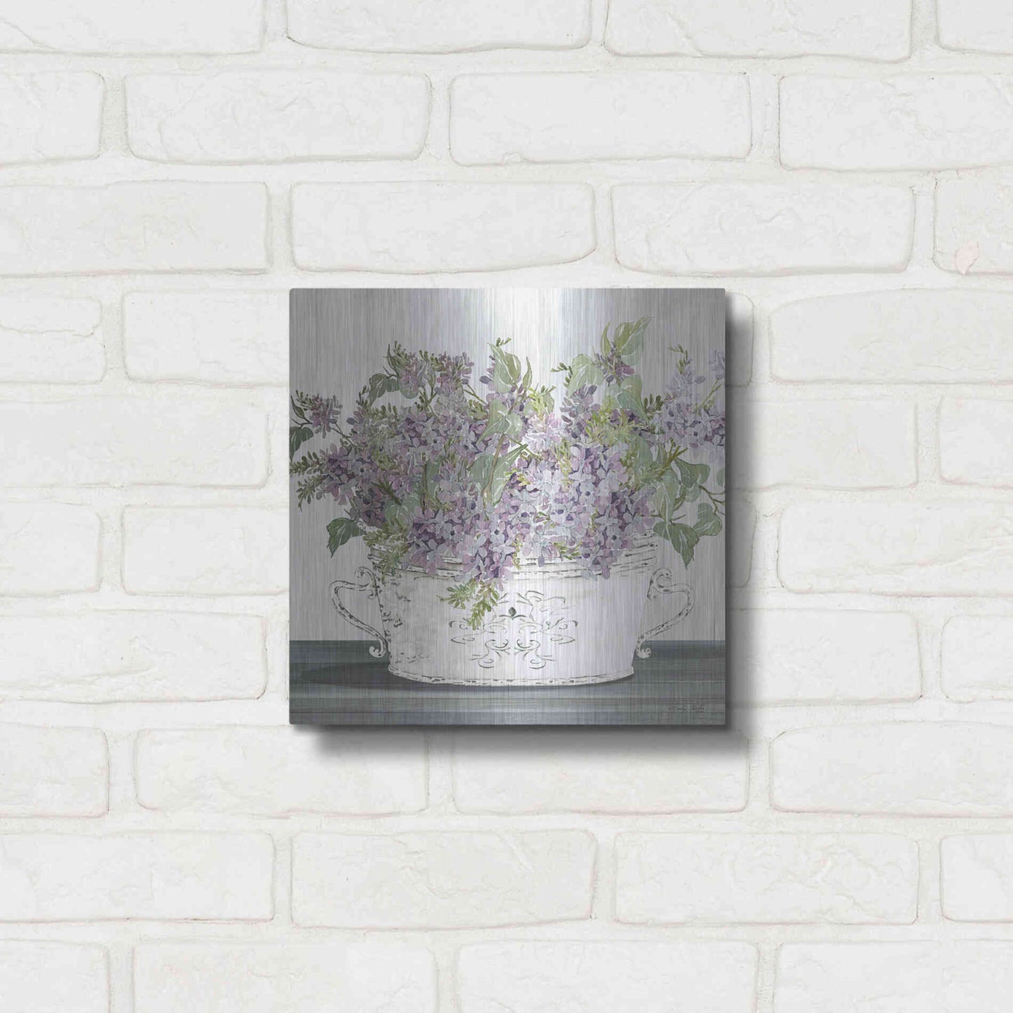 Luxe Metal Art 'Lilac Galvanized Pot' by Cindy Jacobs, Metal Wall Art,12x12