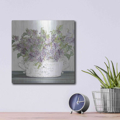 Luxe Metal Art 'Lilac Galvanized Pot' by Cindy Jacobs, Metal Wall Art,12x12