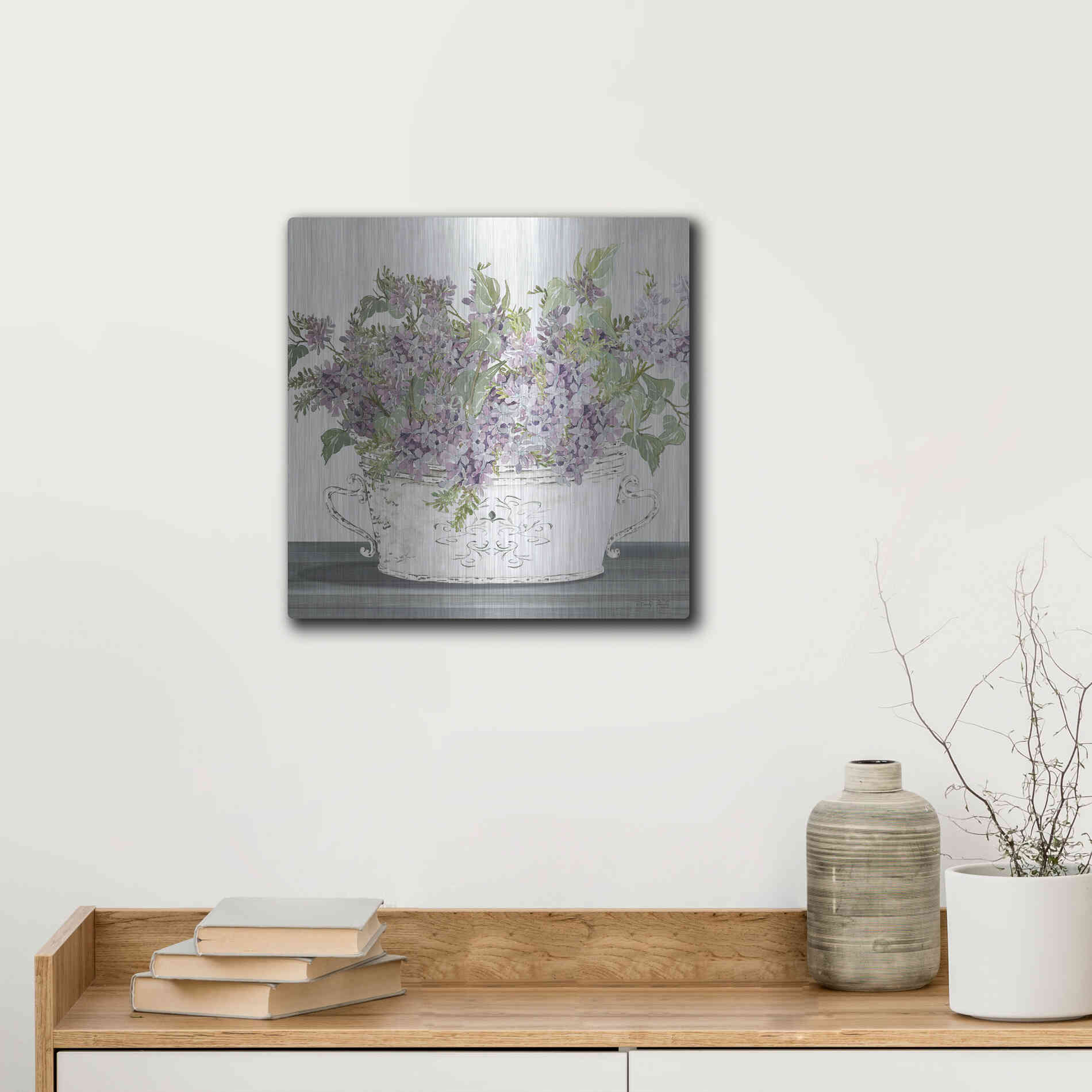 Luxe Metal Art 'Lilac Galvanized Pot' by Cindy Jacobs, Metal Wall Art,12x12