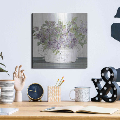 Luxe Metal Art 'Lilac Galvanized Pot' by Cindy Jacobs, Metal Wall Art,12x12