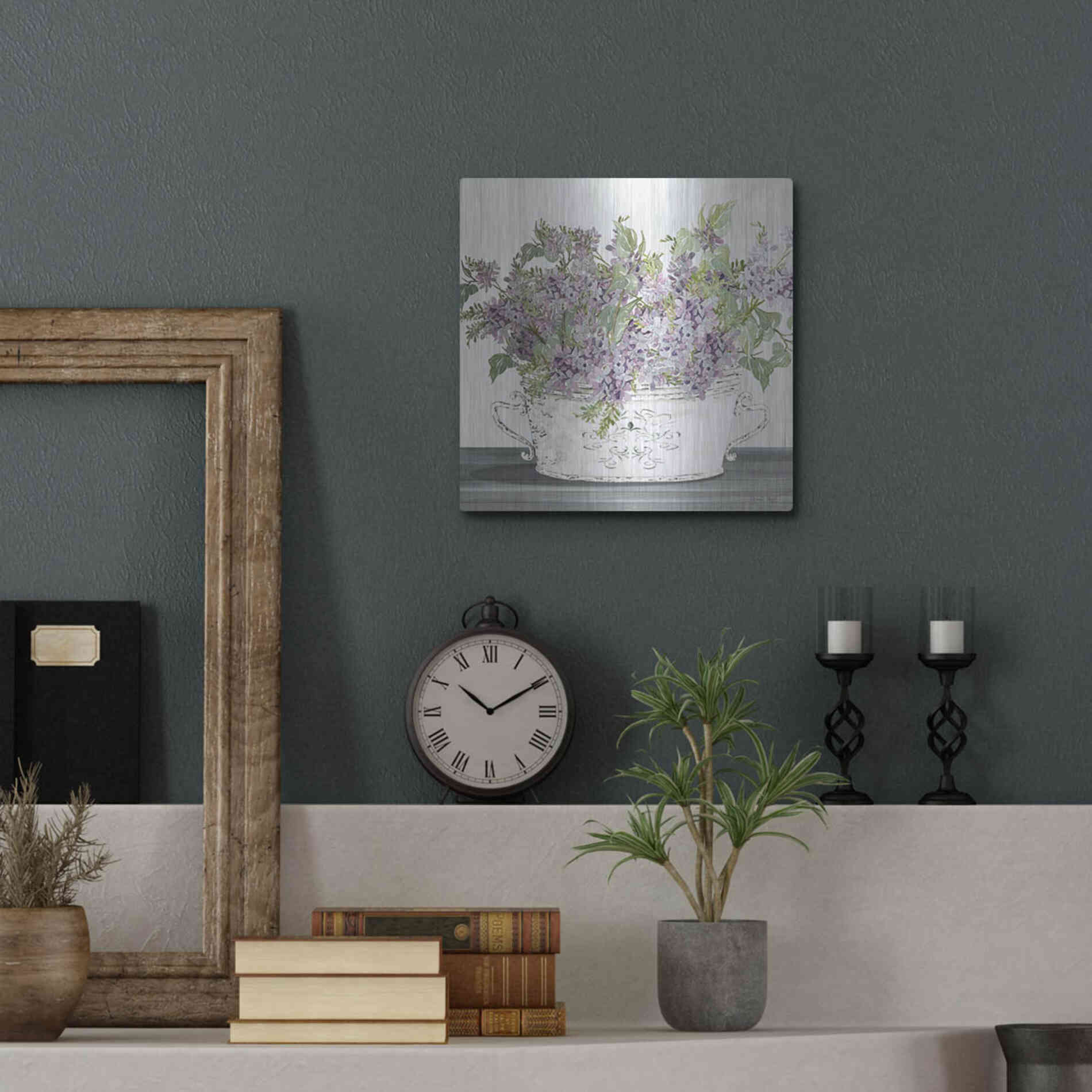 Luxe Metal Art 'Lilac Galvanized Pot' by Cindy Jacobs, Metal Wall Art,12x12