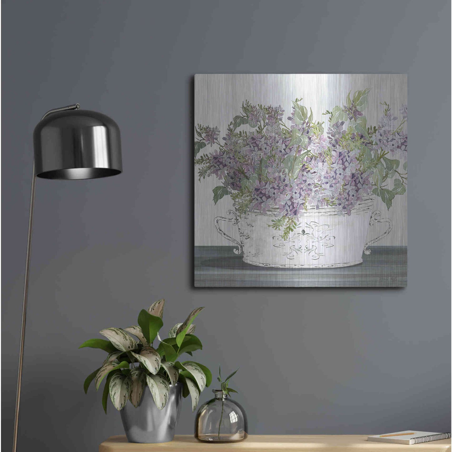 Luxe Metal Art 'Lilac Galvanized Pot' by Cindy Jacobs, Metal Wall Art,24x24