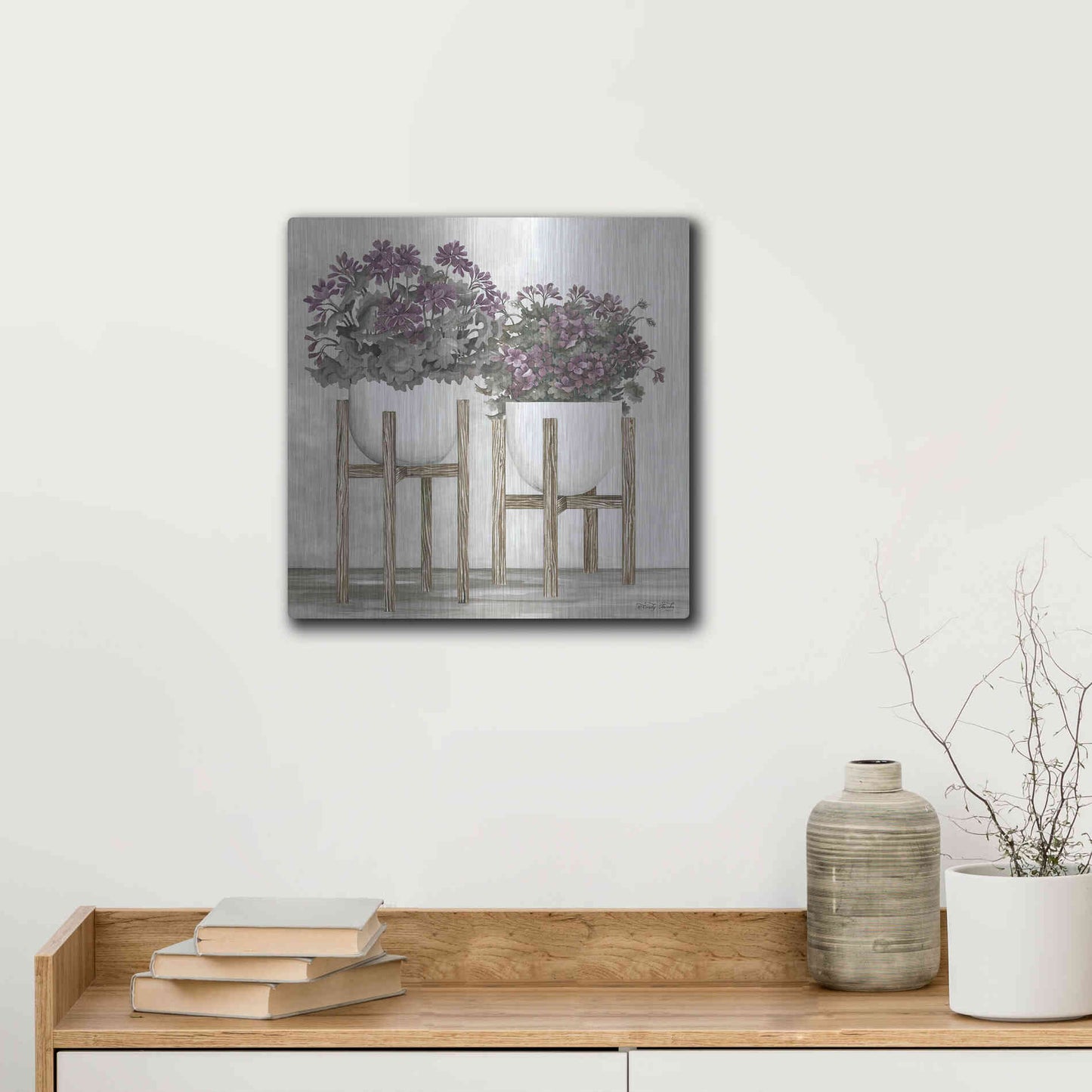 Luxe Metal Art 'Potted Geraniums' by Cindy Jacobs, Metal Wall Art,12x12