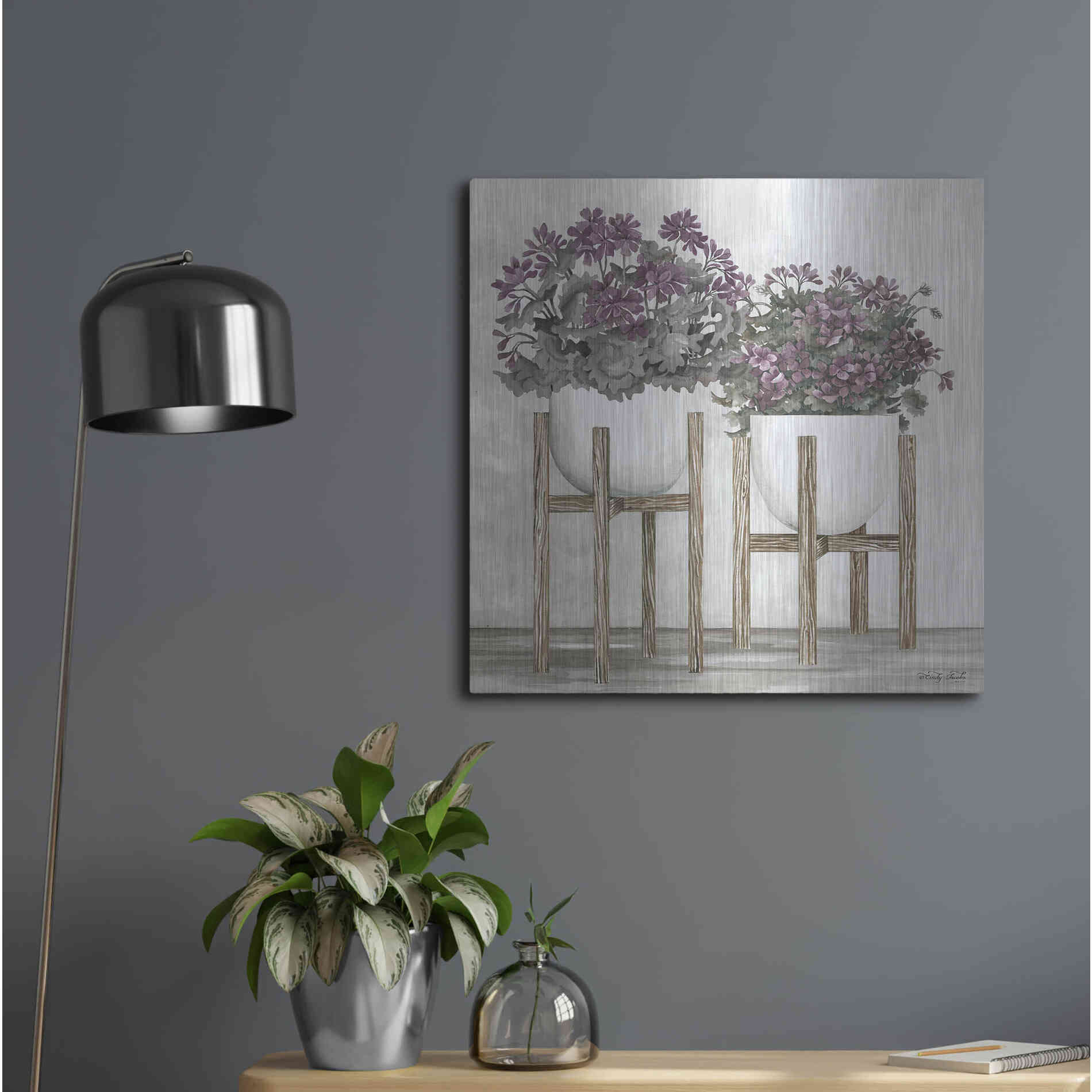 Luxe Metal Art 'Potted Geraniums' by Cindy Jacobs, Metal Wall Art,24x24