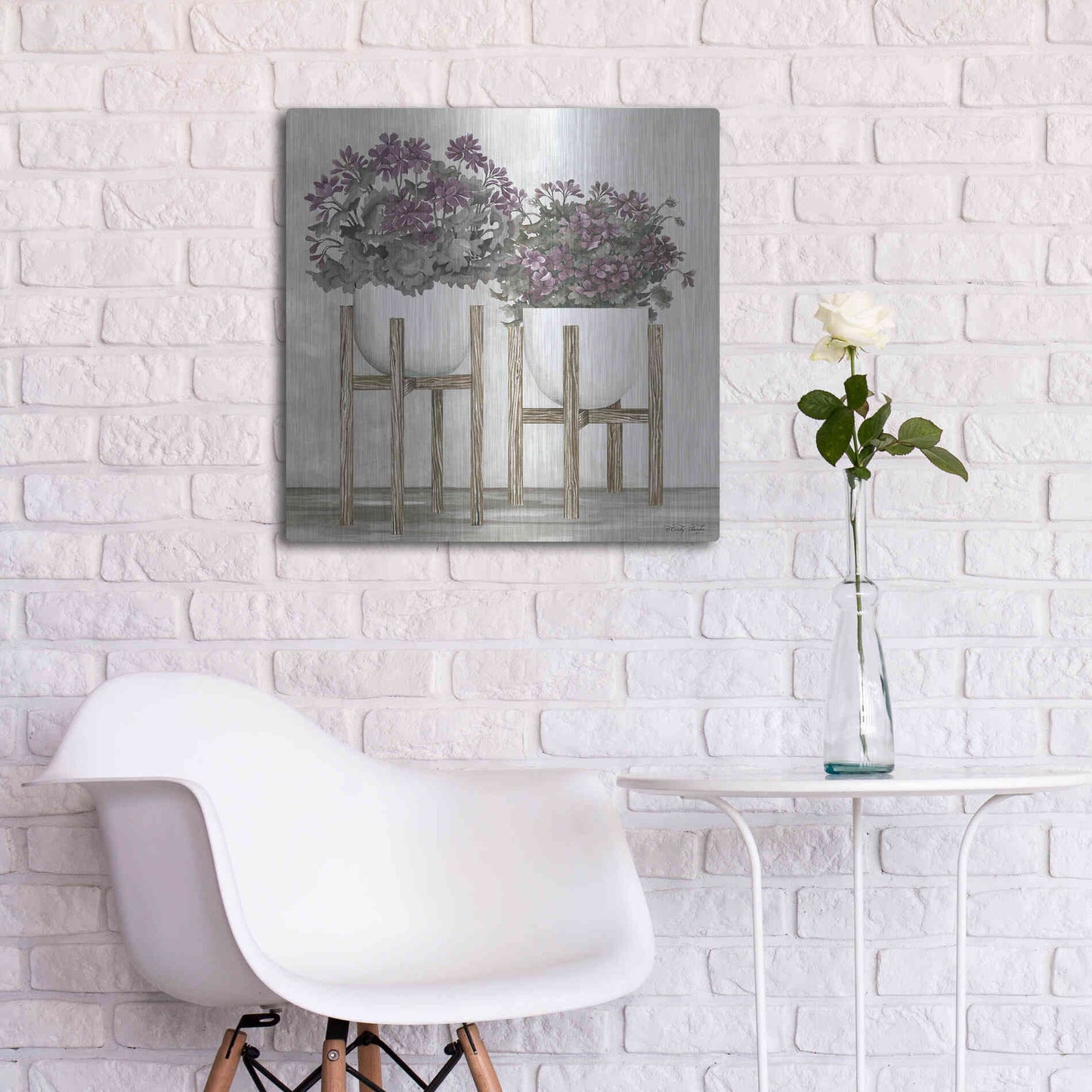 Luxe Metal Art 'Potted Geraniums' by Cindy Jacobs, Metal Wall Art,24x24