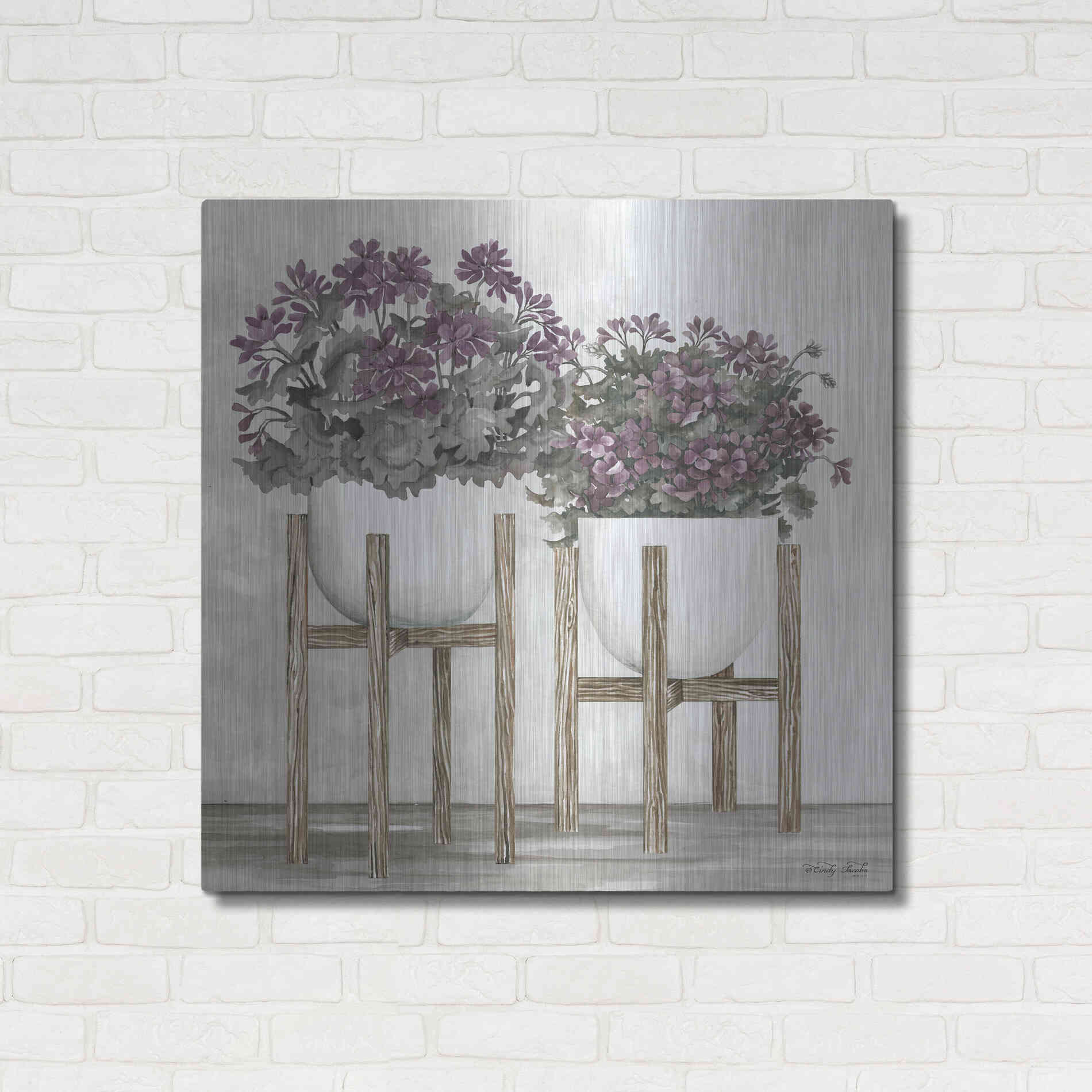 Luxe Metal Art 'Potted Geraniums' by Cindy Jacobs, Metal Wall Art,36x36