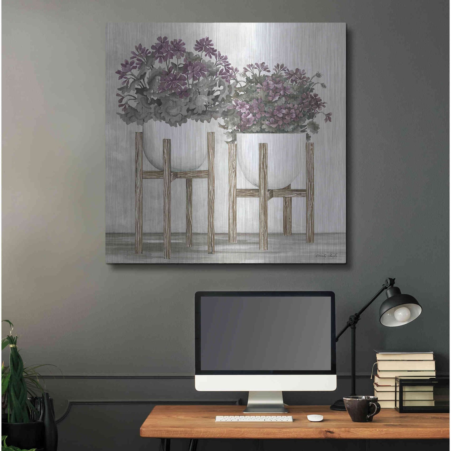 Luxe Metal Art 'Potted Geraniums' by Cindy Jacobs, Metal Wall Art,36x36