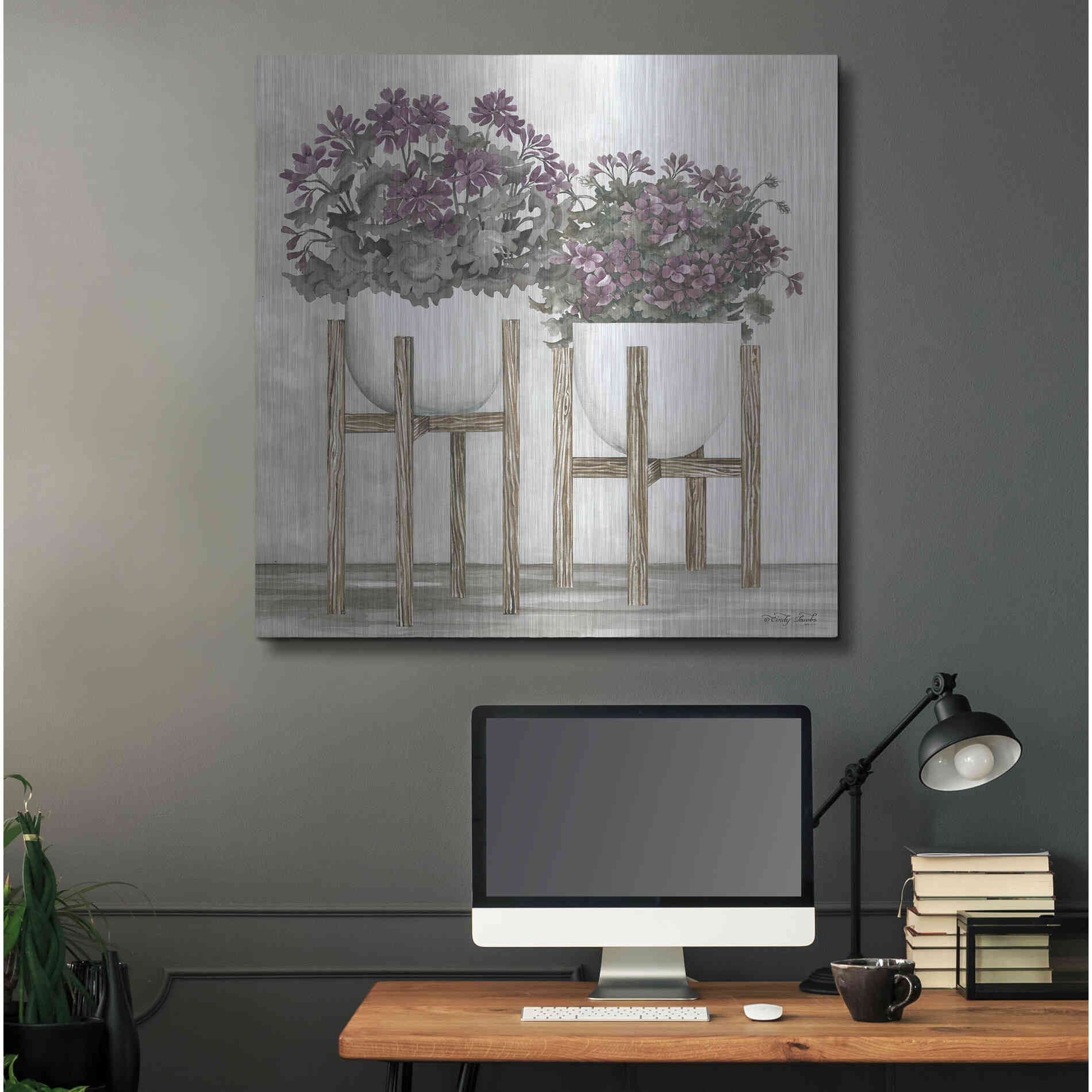 Luxe Metal Art 'Potted Geraniums' by Cindy Jacobs, Metal Wall Art,36x36