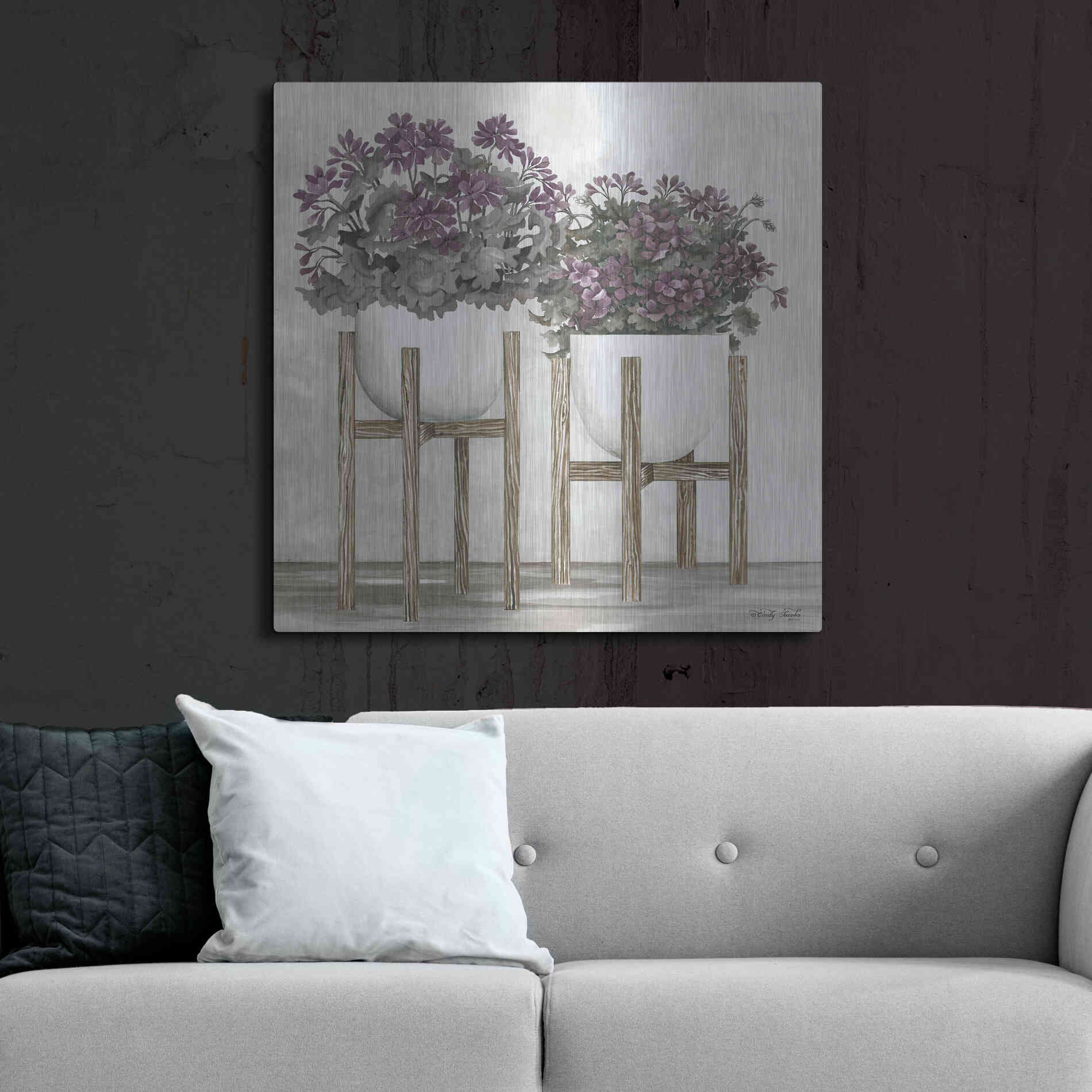 Luxe Metal Art 'Potted Geraniums' by Cindy Jacobs, Metal Wall Art,36x36