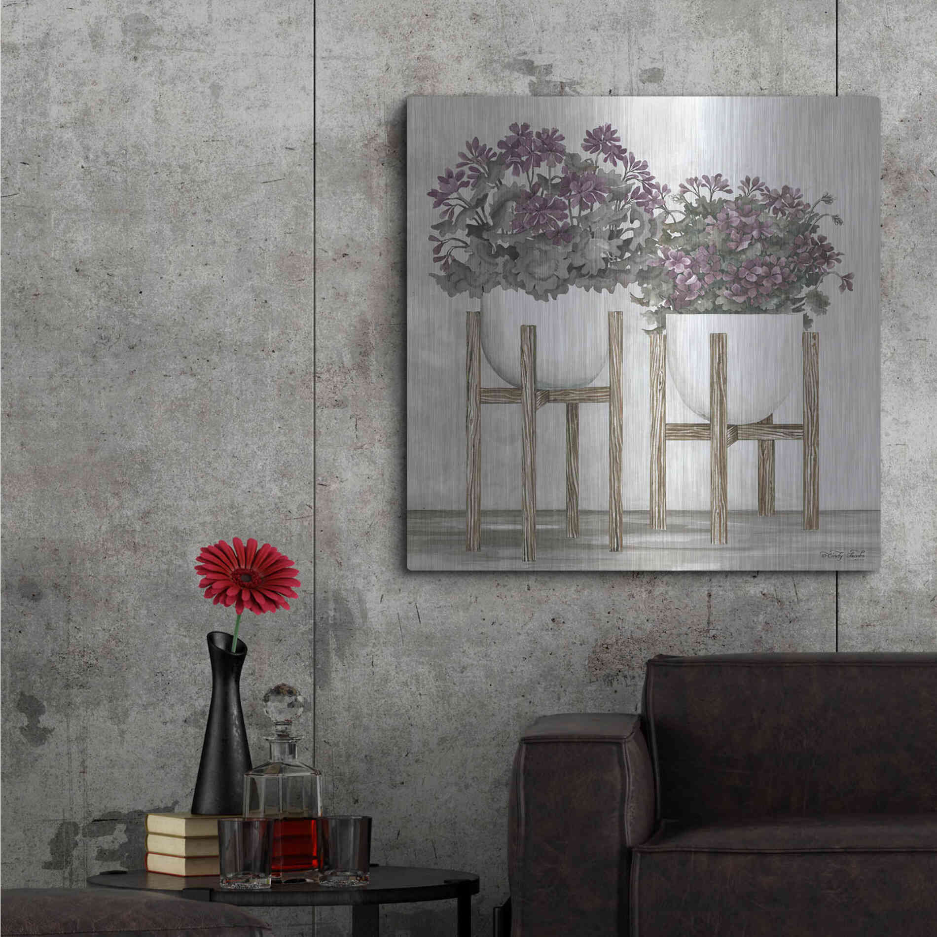 Luxe Metal Art 'Potted Geraniums' by Cindy Jacobs, Metal Wall Art,36x36